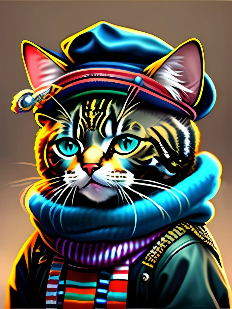 a painting of a cat wearing a hat and scarf, trending in the art station, dressed in punk clothes, detailed hyper realistic rendering, british gang member, street style, intimidating pose, planet of the cats, clothes with fashion, urban samurai, meow, west slavic features, 8 1 5