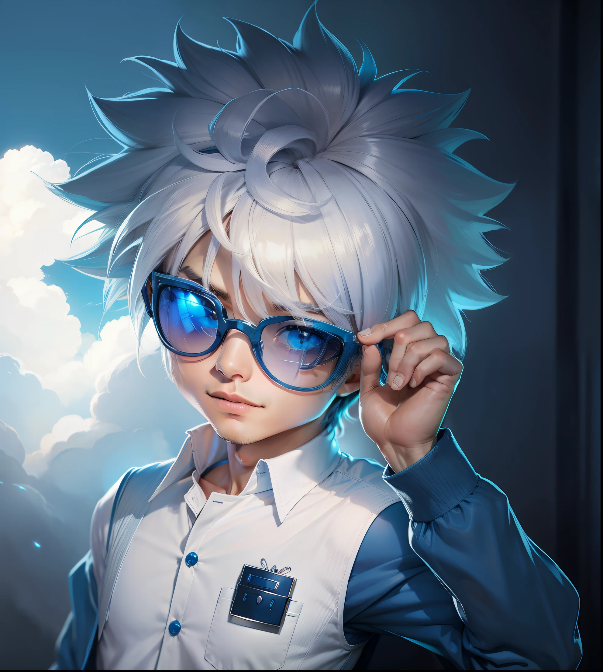 Homem de cabelo branco estilo anime com roupa azul e oculos de sol