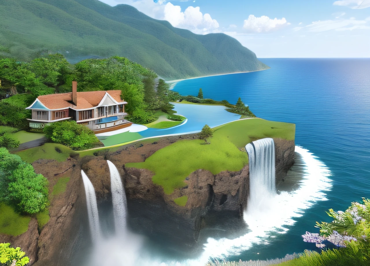 landscape with an oceanfront house with a waterfall (чрезвычайно подробные wallpaper CG Unity 8k), The most beautiful works of art in the world, Professional majestic photography, Complex, higly detailed, sharp-focus, placatory, Photorealistic art of cinema