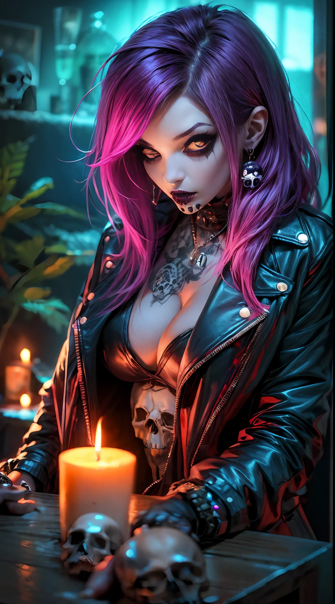 1Punk and goth girl with goth outfit,sexy,skulls and lit candles around and in the background