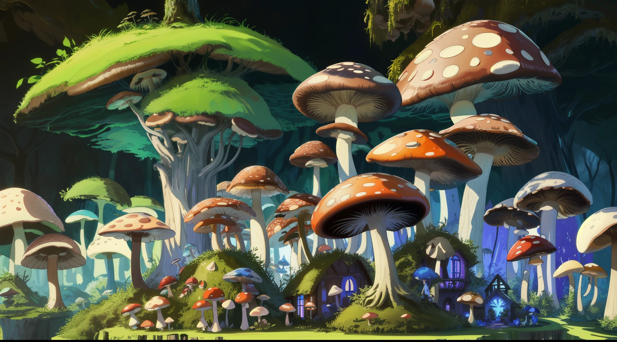 Close-up of a bunch of mushrooms in the forest, mushroom city, Mushroom forest, cyber mushroom city, mushroom house, forest made of mushrooms, mushroom trees, Stylized concept art, mushroom house, 3 d render stylized, Mushrooms are everywhere, Detailed digital 2D fantasy art, houses in the shape of mushrooms, magical fantasy 2 d concept art