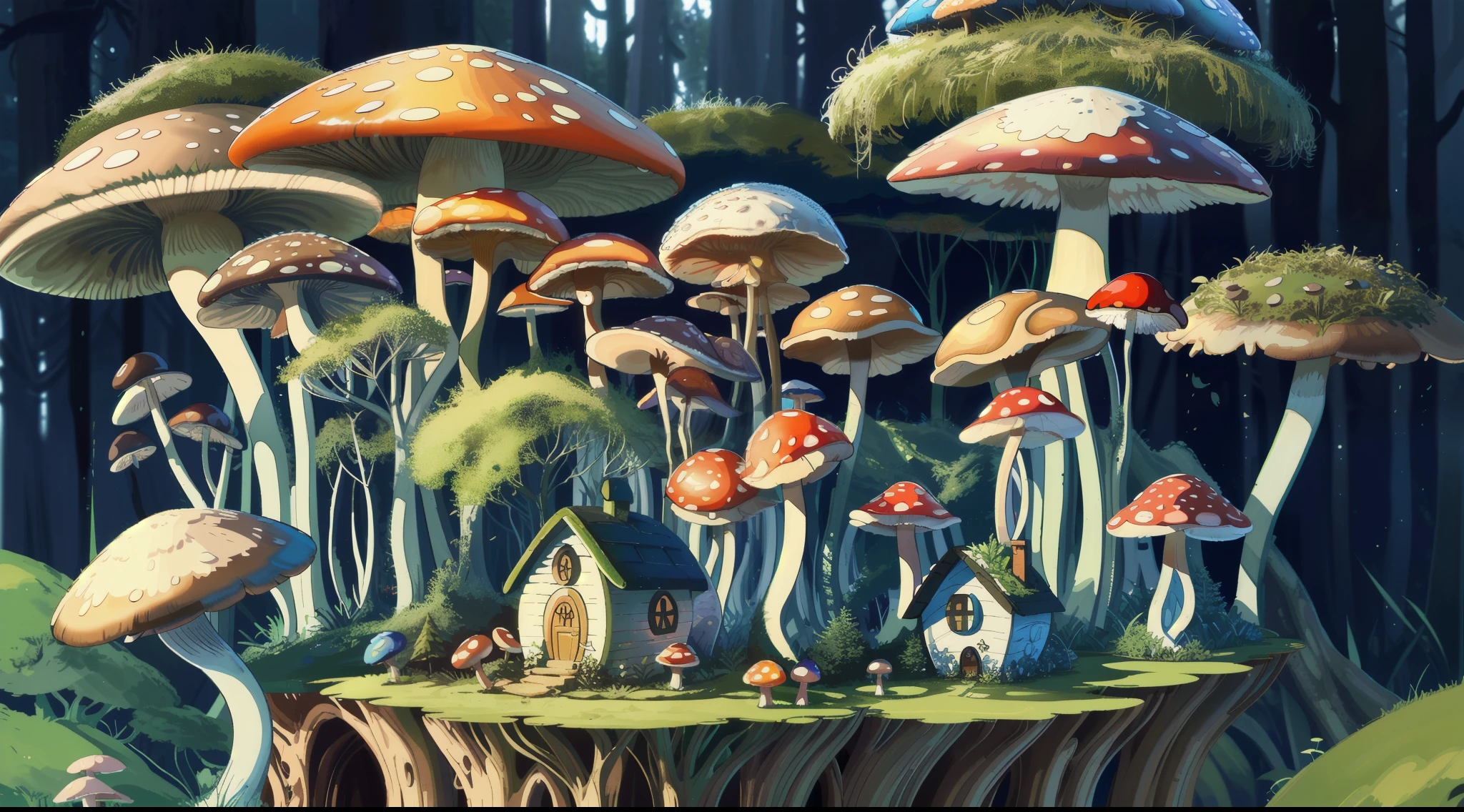 Close-up of a bunch of mushrooms in the forest, mushroom city, Mushroom forest, cyber mushroom city, mushroom house, forest made of mushrooms, mushroom trees, Stylized concept art, mushroom house, 3 d render stylized, Mushrooms are everywhere, Detailed digital 2D fantasy art, houses in the shape of mushrooms, magical fantasy 2 d concept art