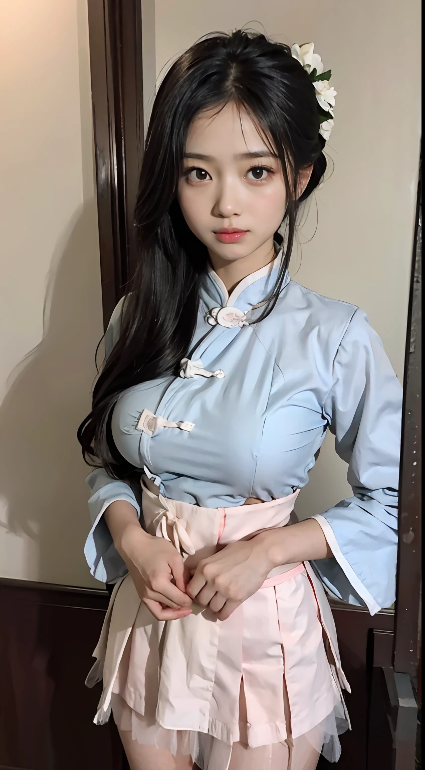 Master quality, highest quality, best picture quality, exaggerated details, a princess cute 8 asian little gth a shy expression, slightly squinted eyes, adjusting her hair, long eyelashes (long hair / very, very exaggerated big breasts, big tits / in hanfu pentticoat thin qipao dress, short skirt), posing in front of the camera, wet breast see under wear, open cloth