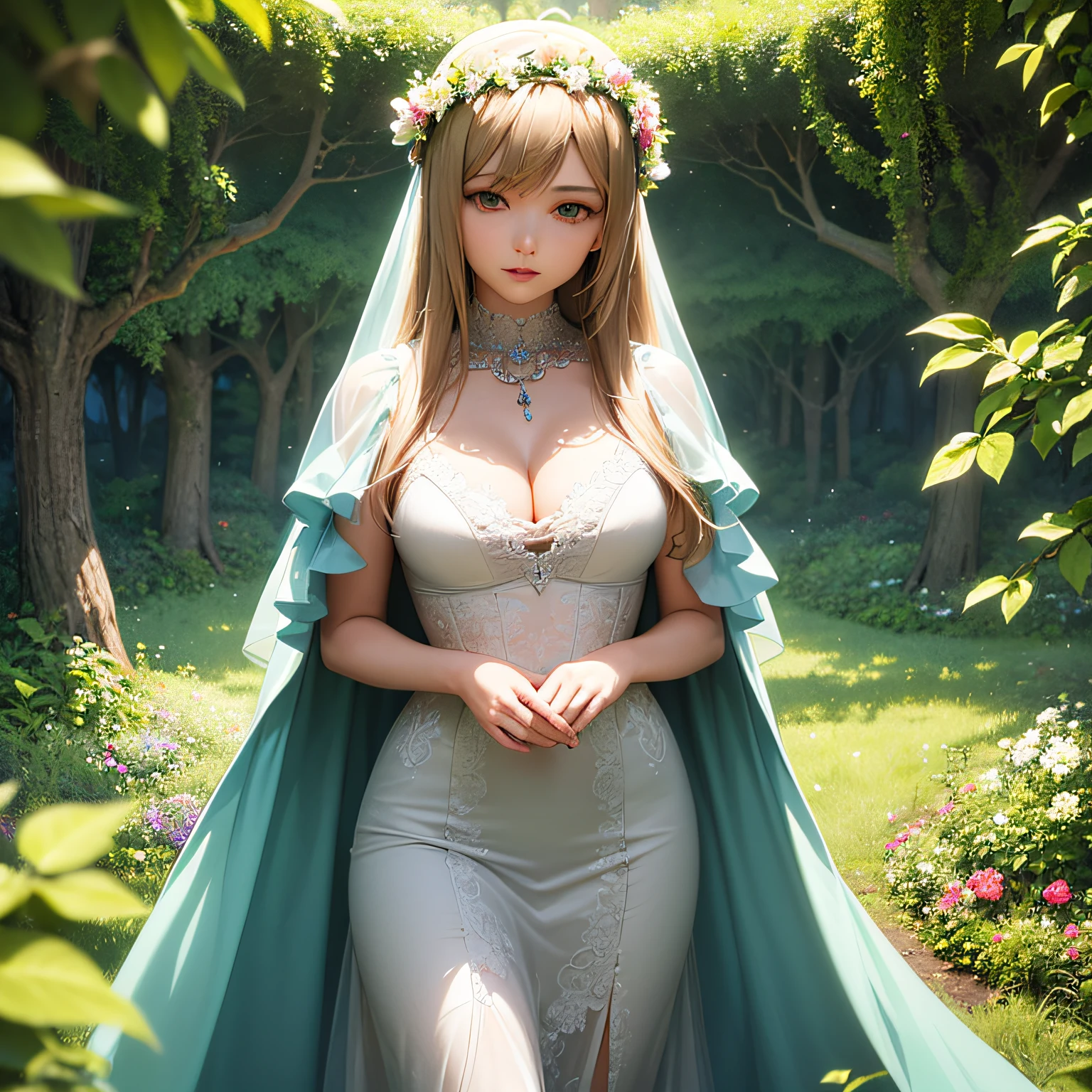 (masterpiece, best quality, beautiful anime art:1.4), 1girl in Mystic Forest, Enchanted ruins, Solo, Full body shot, Flowing gown, Floral crown, Veil, Mysterious eyes, Cascading curls, Bell sleeves, Lace stockings, Moonlit night, Overgrown vines, Ethereal, Magical, Twilight, Dreamlike, Surreal, Whimsicalcinematic light, (sharp focus:1.6), highly detailed, ultra realistic, 8k