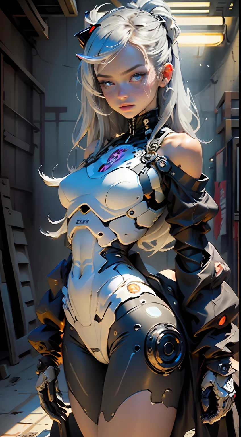 (Masterpiece), (Best Quality), Girl, ((Ultra Detailed)), (Highly Detailed CG Illustration), (Expressionless),, NSFW,(Masterpiece: 1.16), (Best Quality: 1.32), (meticulous_detail), (High resolution: 1.1), (Best lighting: 1.1), (Best shadow: 1.1), (Extremely delicate and beautiful), (Appropriate shadow: 1.1), (Illustration: 1.1), (Finish: 1.1), Overlap, (Appropriate pose), (Appropriate configuration), (Ultra precise_construction: 1.2), Crop, (Bold highlight outline), (Detailed face), (Beautiful eyes), (thick_dense_ skin: 1.16), (super precision skin: 1.16), Bold_eyelashes, (soft cheeks: 1), white background, 1 girl, Android girl, complex mechanism, gray hair, long hair, pink eyes, glowing eyes, feminine expression, off-the-shoulder suit, (abnormal joints, dotted joints: 1.2), thighs, decadent behavior, glowing joints