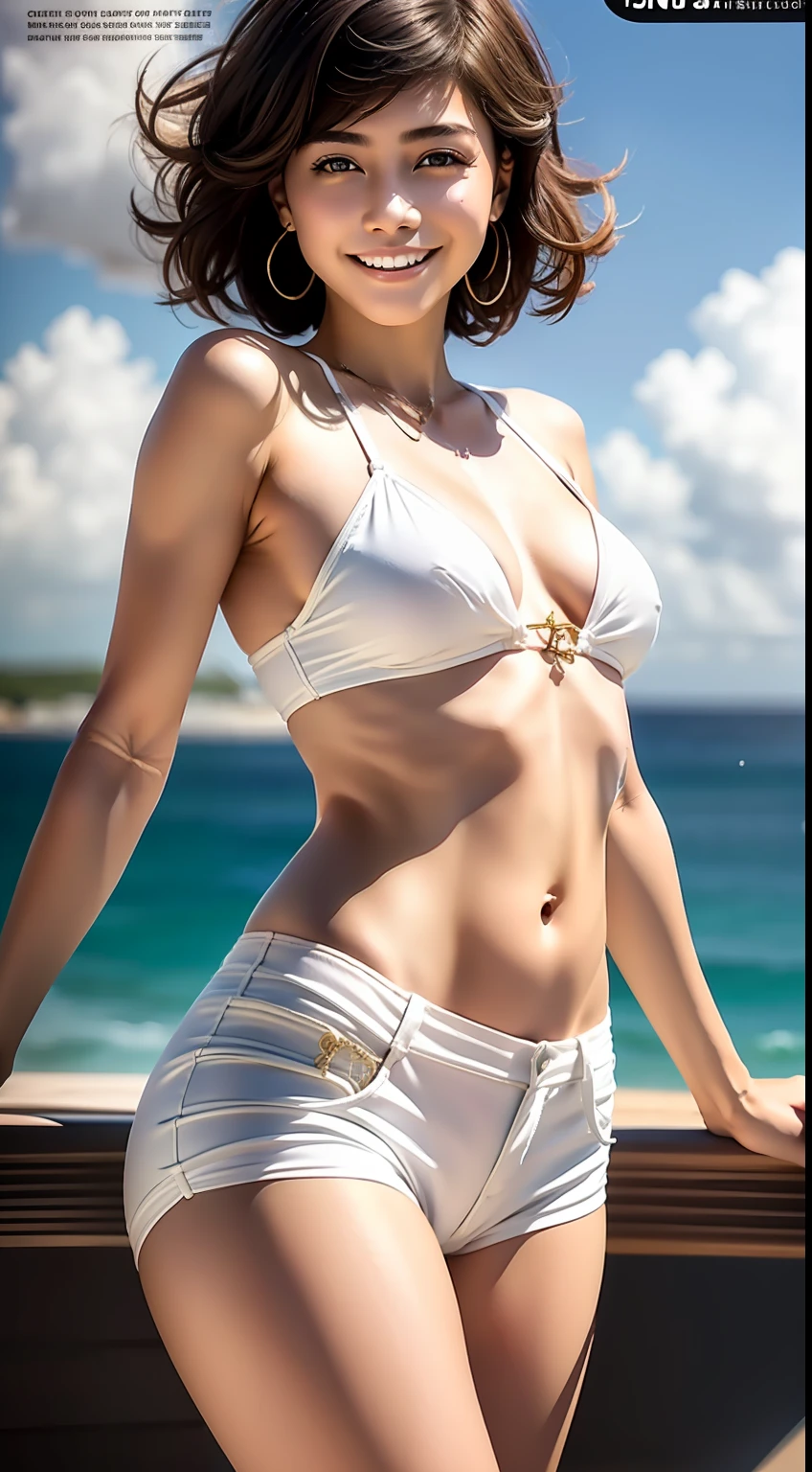 s girl、Glamour、a white bikini、hotpants、beautiful ocean、a pixie cut、A smile、Teenazine cover、Natural light lighting、A detailed face、Looking at the camera