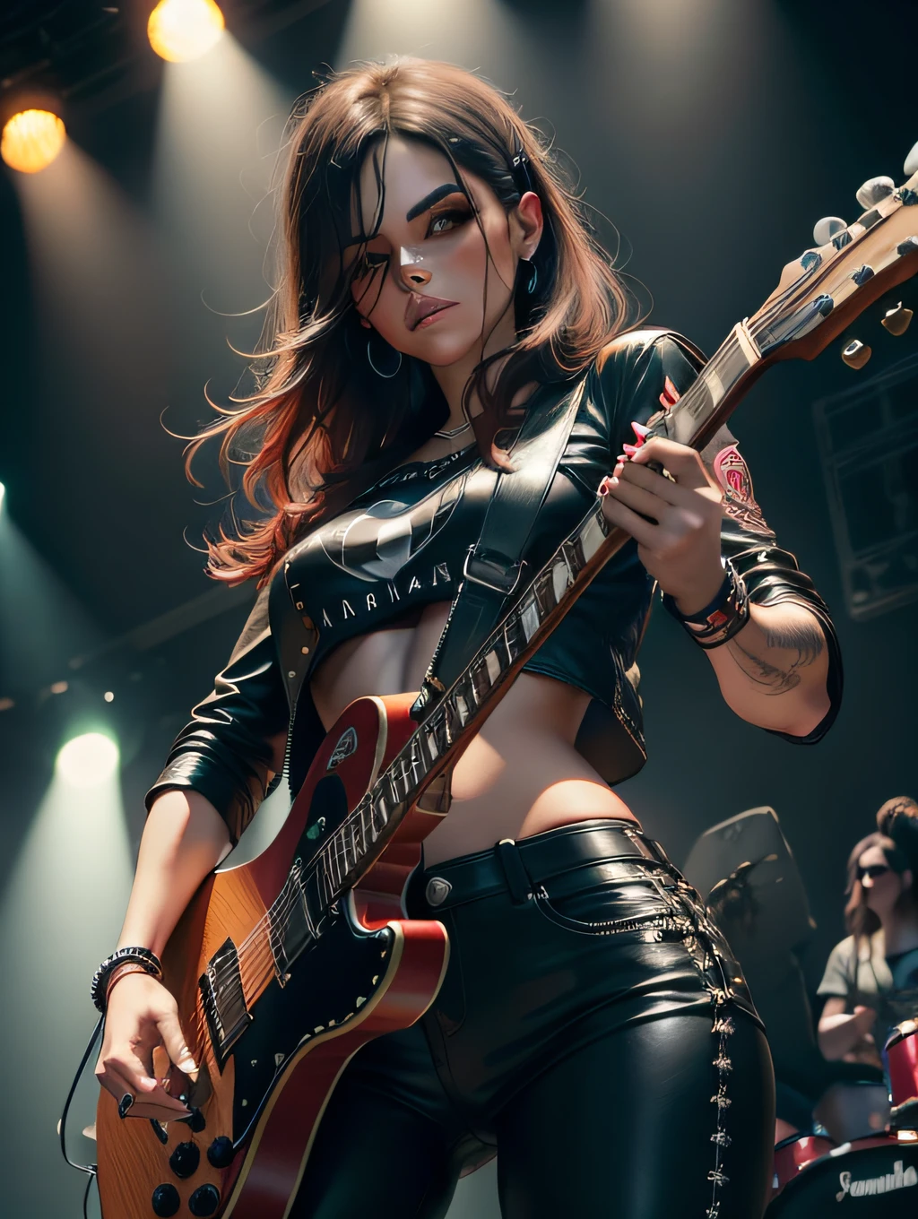 mulher vestida estilo rockeira, com blusa de couro preta, black leather pants, com adornos de caveira, cabelos loiros longos esparramados, tocando uma guitarra vermelha com detalhes de desenho de fogo, em um palco de show de rock