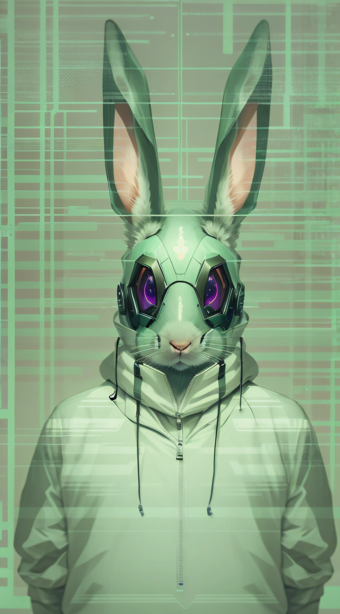 there is a man wearing a bunny mask with a hoodie, wearing cybernetic bunny ears, cyborg jackalope cyberpunk, rabbit robot, anthropomorphic rabbit, electrixbunny, bunny suit, rabbit, rabbt_character, beeple and jeremiah ketner, cyberpunk art style, has cyberpunk style, bunnypunk, inspired by Liam Wong