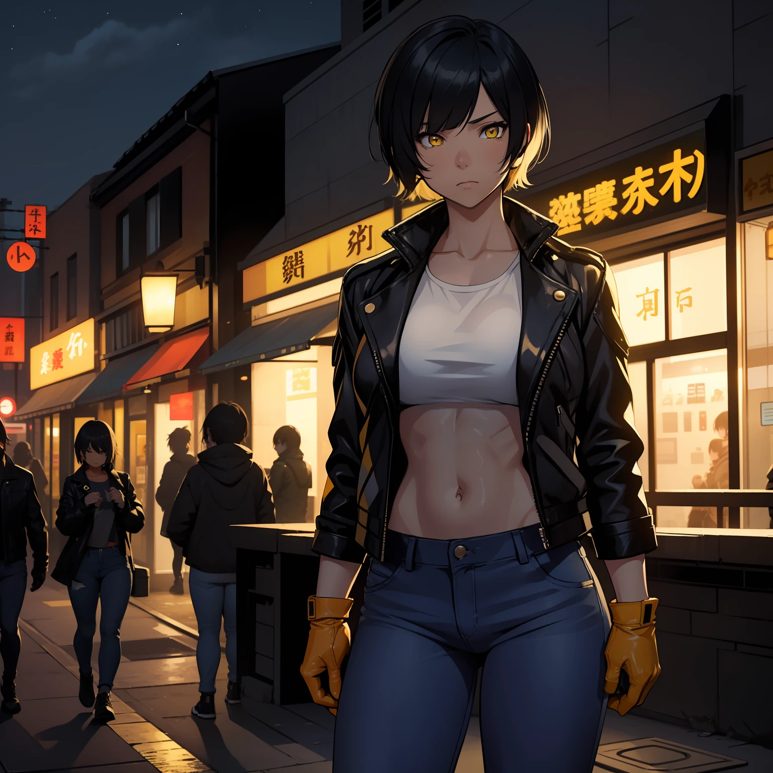 a 1girl, 独奏, suntanned skin, yellow eyes, Tired look, Short Hair Hair, Long bangs, Short stature, gloves, leather jacket, torn jeans, Average Breasts, middle thighs, athletic physique. the night, suburb, Poor lighting, Night lighting.