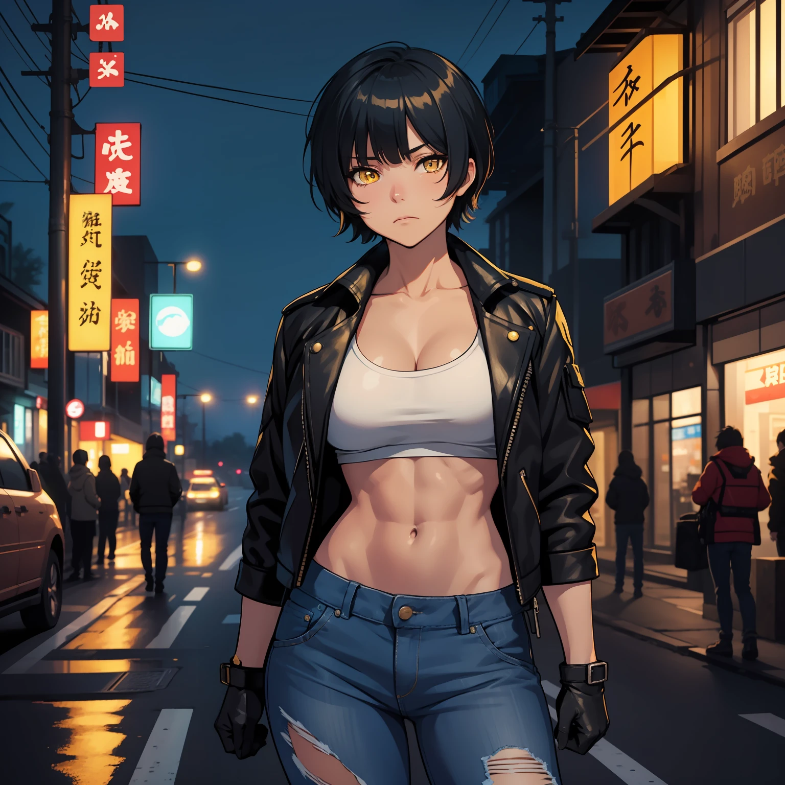 a 1girl, 独奏, suntanned skin, yellow eyes, Tired look, Short Hair Hair, Long bangs, Short stature, gloves, leather jacket, torn jeans, Average Breasts, middle thighs, athletic physique. the night, suburb, Poor lighting, Night lighting.