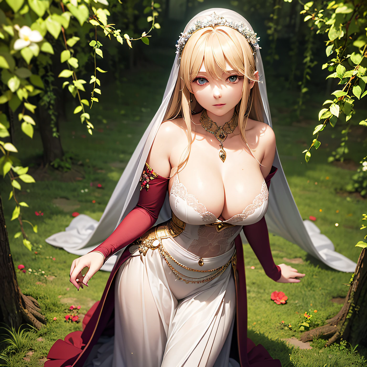 (masterpiece, best quality, beautiful anime art:1.4), 1girl in Mystic Forest, Enchanted ruins, Solo, Full body shot, Flowing gown, Floral crown, Veil, Mysterious eyes, Cascading curls, Bell sleeves, Lace stockings, Moonlit night, Overgrown vines, Ethereal, Magical, Twilight, Dreamlike, Surreal, Whimsical, cinematic light, (sharp focus:1.6), highly detailed, ultra realistic, 8k