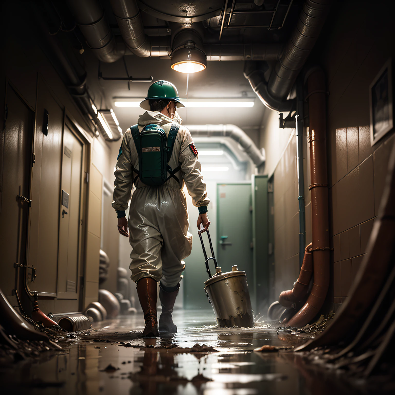 (masterpiece, best quality, beautiful Sewage System Exploration:1.4), solo, full_body, dirty, mud_covered, determined_expression, messy_hair, tied_back_hair, protective_gear, hazmat_suit, rubber_boots, knee_high_boots, hard_hat, dimly_lit, sewage_tunnels, rusty_pipes, filthy_water, brown_tones, damp_weather, humid_climate, low_angle_view, worms_eye_view, flashlight, toolbox, wrench, grime, slime, dripping_water, suspenseful_mood, gritty_tone, cinematic light, (sharp focus:1.6), highly detailed, ultra realistic, 8k