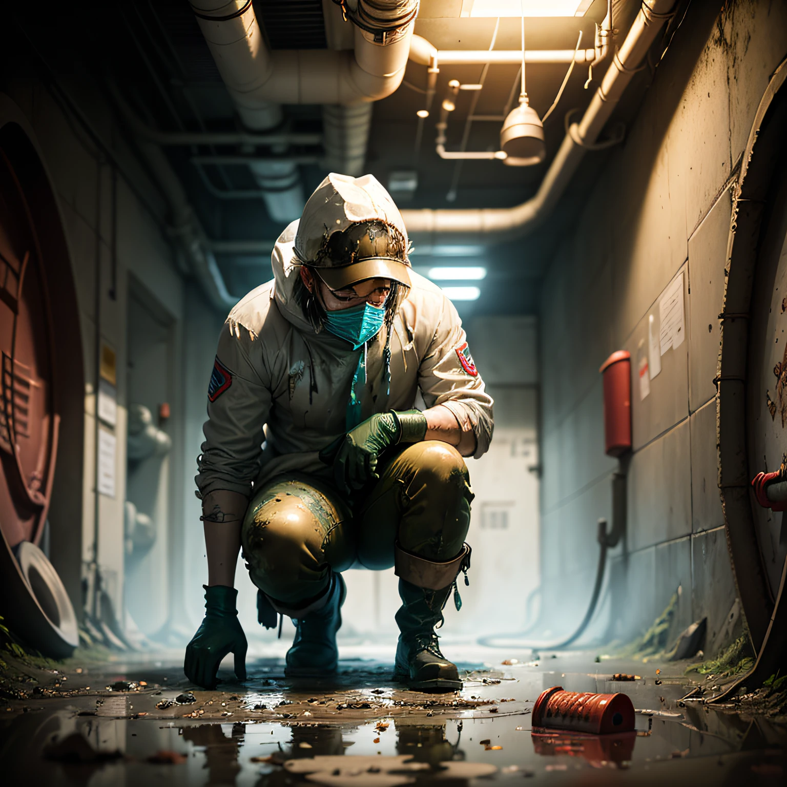 (masterpiece, best quality, beautiful Sewage System Exploration:1.4), solo, full_body, dirty, mud_covered, determined_expression, messy_hair, tied_back_hair, protective_gear, hazmat_suit, rubber_boots, knee_high_boots, hard_hat, dimly_lit, sewage_tunnels, rusty_pipes, filthy_water, brown_tones, damp_weather, humid_climate, low_angle_view, worms_eye_view, flashlight, toolbox, wrench, grime, slime, dripping_water, suspenseful_mood, gritty_tone, cinematic light, (sharp focus:1.6), highly detailed, ultra realistic, 8k
