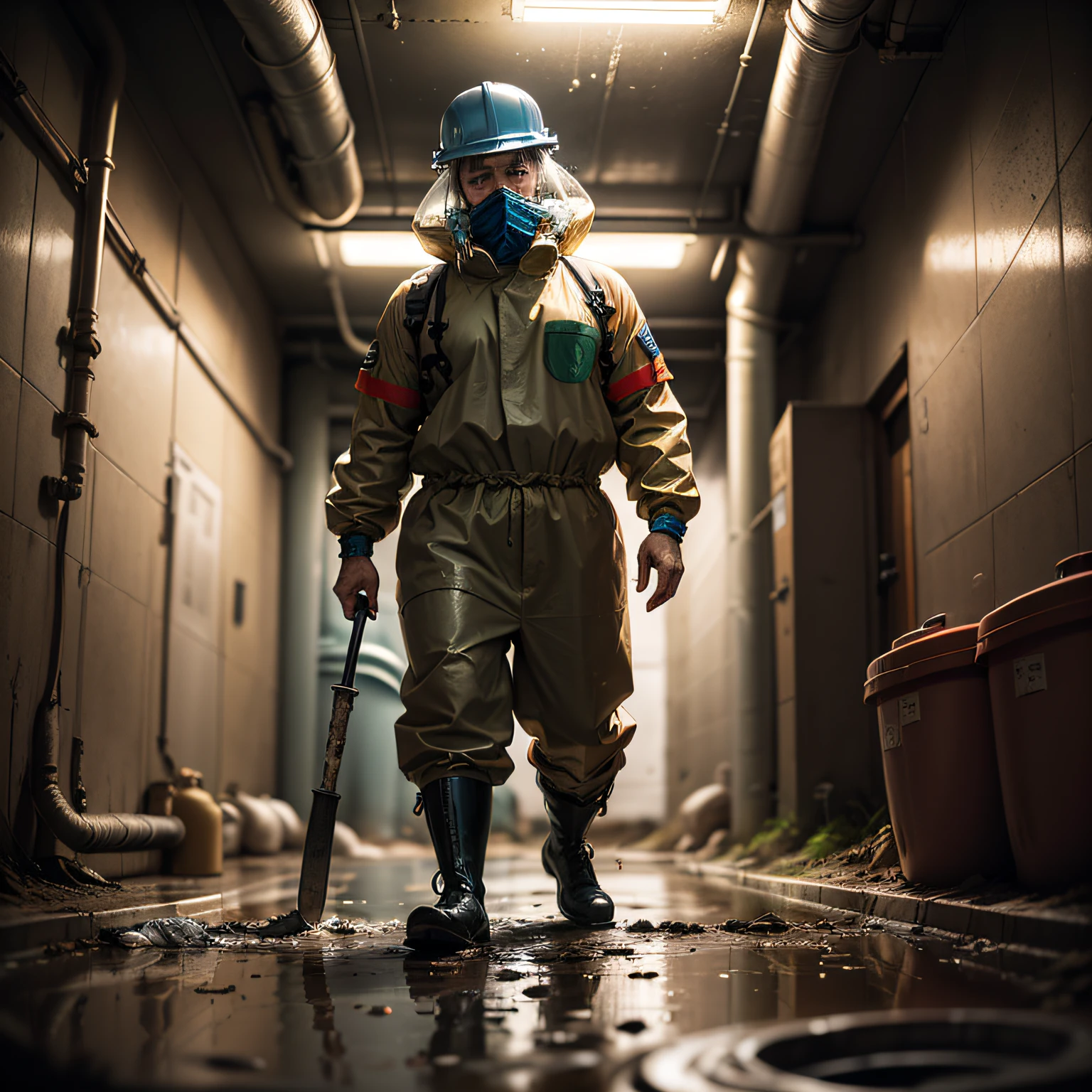 (masterpiece, best quality, beautiful Sewage System Exploration:1.4), solo, full_body, dirty, mud_covered, determined_expression, messy_hair, tied_back_hair, protective_gear, hazmat_suit, rubber_boots, knee_high_boots, hard_hat, dimly_lit, sewage_tunnels, rusty_pipes, filthy_water, brown_tones, damp_weather, humid_climate, low_angle_view, worms_eye_view, flashlight, toolbox, wrench, grime, slime, dripping_water, suspenseful_mood, gritty_tone, cinematic light, (sharp focus:1.6), highly detailed, ultra realistic, 8k