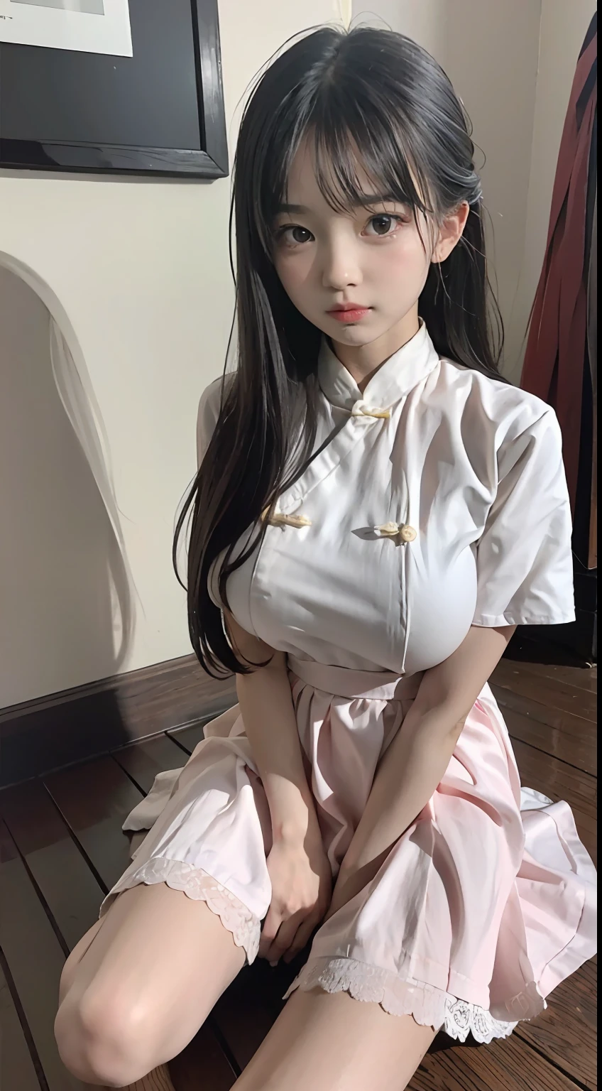 Master quality, highest quality, best picture quality, exaggerated details, a cute 8 year old asian little girl with a shy expression, slightly squinted eyes, adjusting her hair, long eyelashes (long hair / very, very exaggerated big breasts, big tits / in hanfu pentticoat thin silk qipao dress, short skirt), posing sit in front of the camera, wet throught breast Petticoat