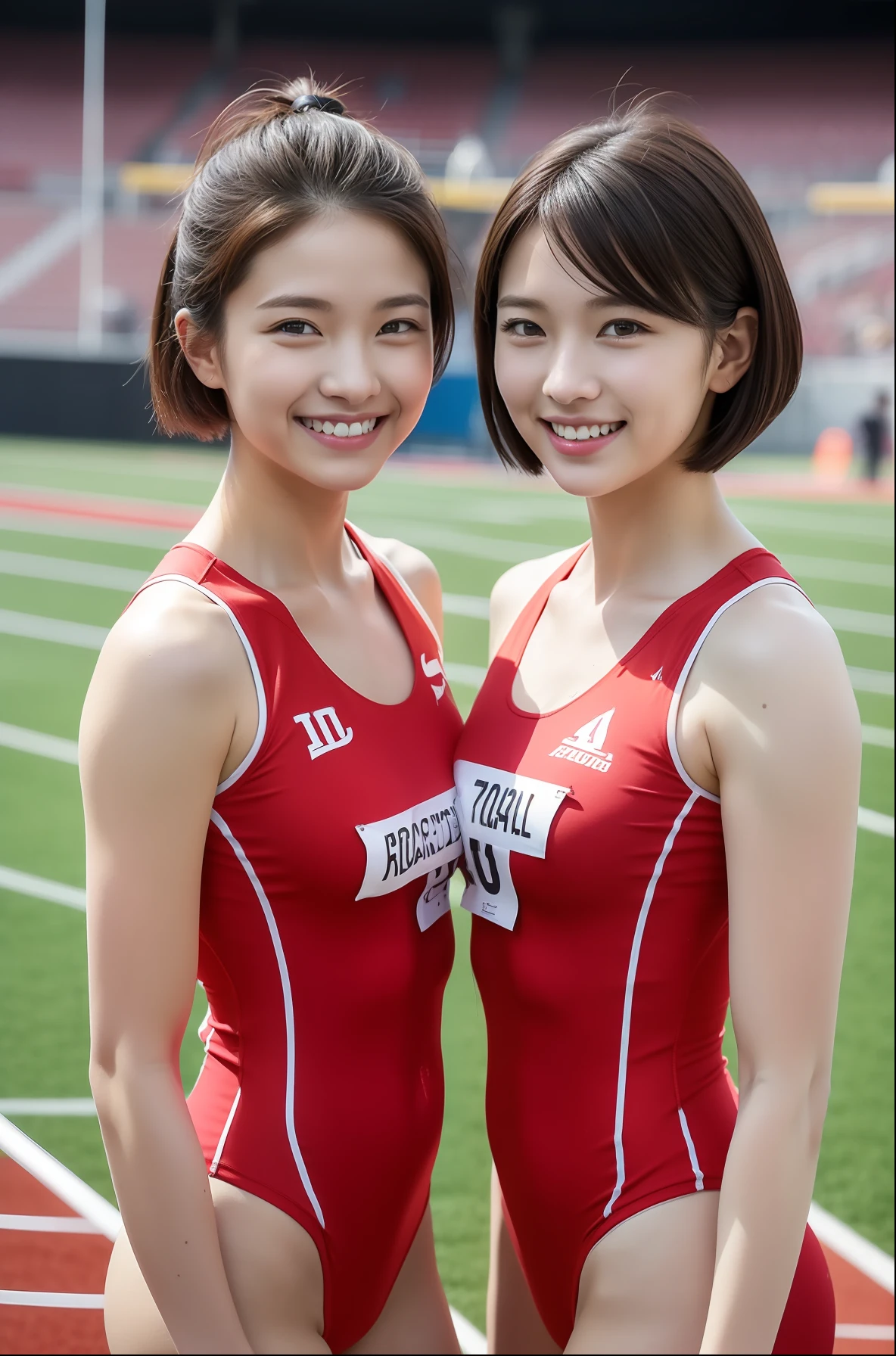 ((Track & Field Athletes Women))、(((1人)))、Competition uniforms、((stadium))、Transcendent cute、A slight smil、Beautiful breasts、full bodyesbian、athletic field、((Outstanding style))、((Healthy body))、((Short-cut hairstyles)) 、Women in Japan、Photorealsitic、Beautiful detailed eyes、Hyper-Realism、highcontrast、Ultra HD、realistic skin textures、Top image quality、top-quality、超A high resolution、Fine details、Very meticulously