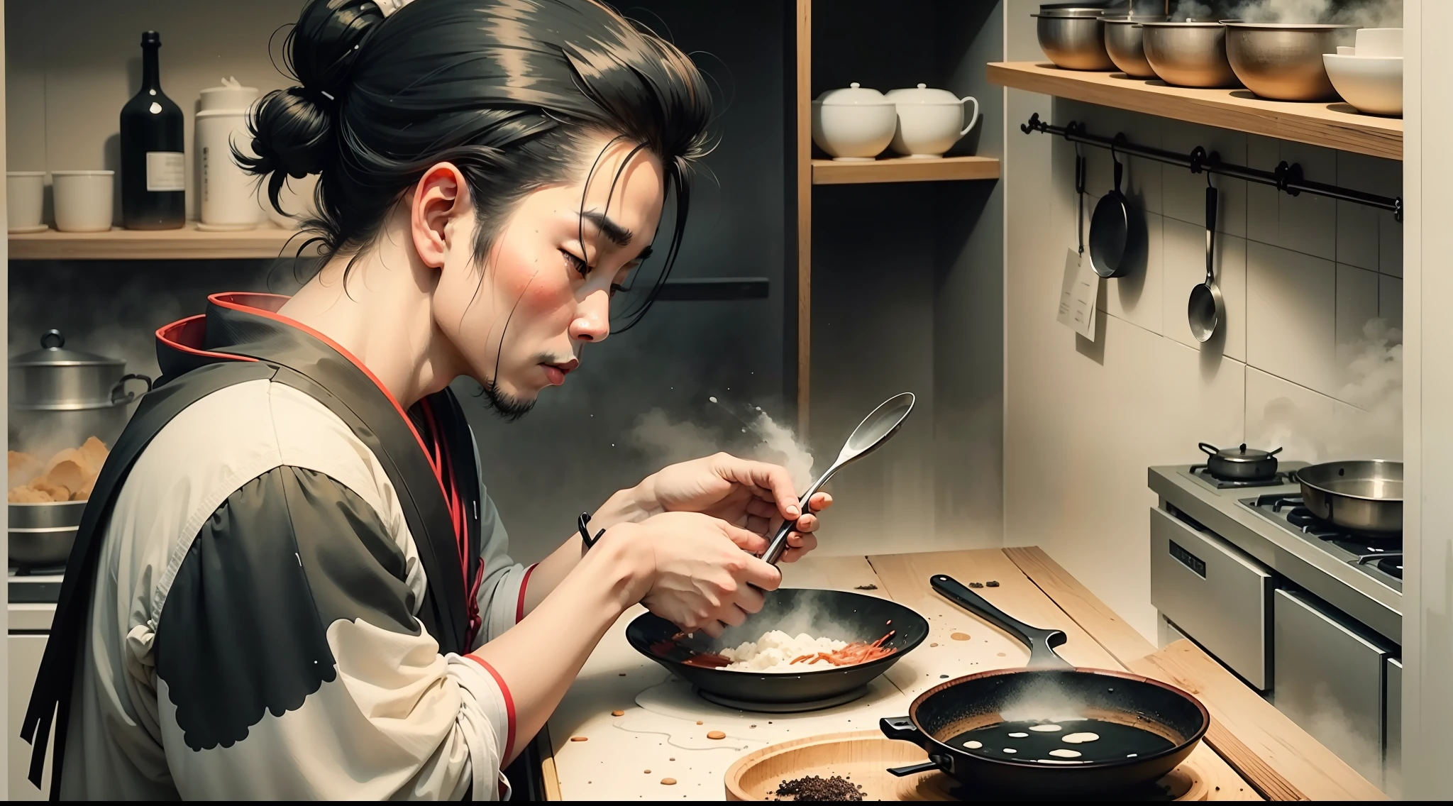 The profile picture should be a Chinese ink painting with a Japanese man cooking, em uma antiga cozinha japonesa com vestes quimono, holding a dust whisk The illustration should reflect the style of traditional Chinese ink paintings.