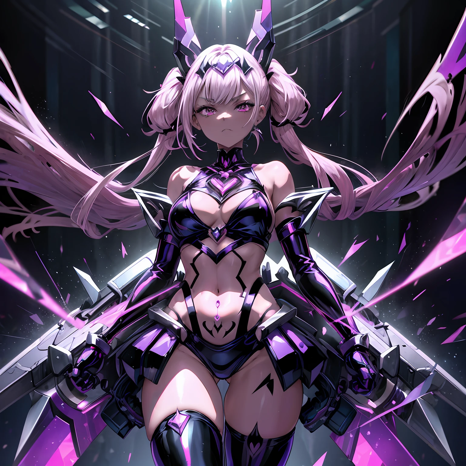 An evil magical girl in a skimpy outfit stands alone. Her costume is made up of latex fabric and transparent tights. She wears sharp black bikini armor. A hair ornament with sharp angles on her head. Sharp claws on her fingertips. A heart tattoo around her navel. pink eyes that shine with light. Futuristic machines in the background
