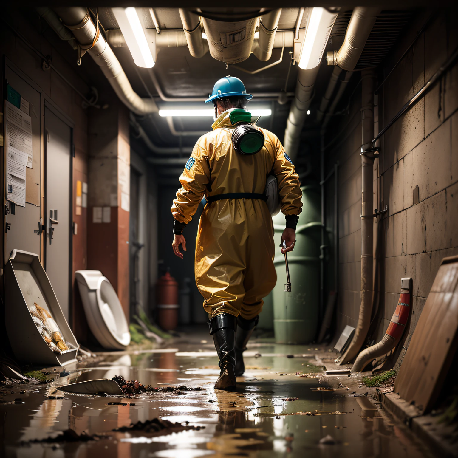 (masterpiece, best quality, beautiful Sewage System Exploration:1.4), solo, full_body, dirty, mud_covered, determined_expression, messy_hair, tied_back_hair, protective_gear, hazmat_suit, rubber_boots, knee_high_boots, hard_hat, dimly_lit, sewage_tunnels, rusty_pipes, filthy_water, brown_tones, damp_weather, humid_climate, low_angle_view, worms_eye_view, flashlight, toolbox, wrench, grime, slime, dripping_water, suspenseful_mood, gritty_tone, cinematic light, (sharp focus:1.6), highly detailed, ultra realistic, 8k