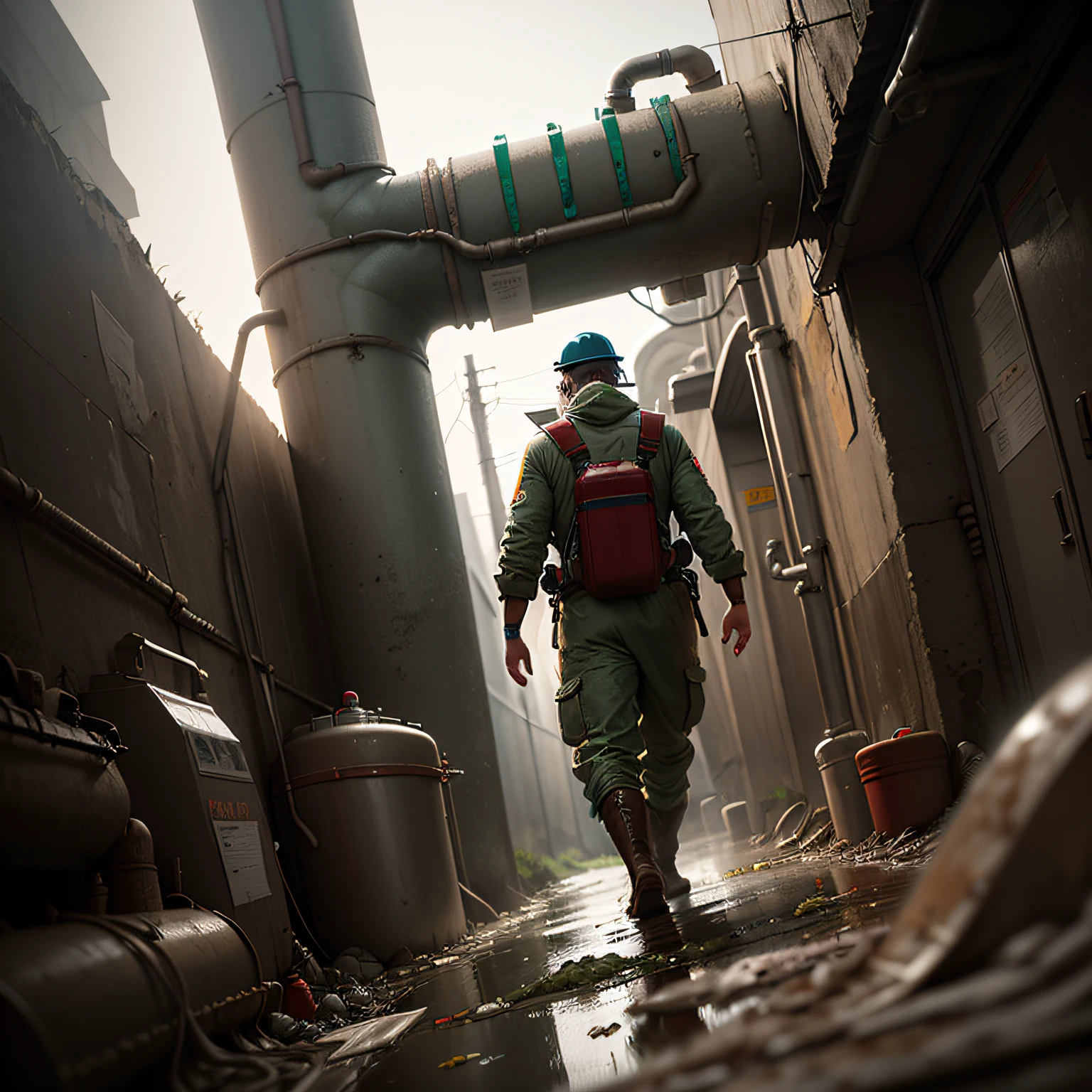 (masterpiece, best quality, beautiful Sewage System Exploration:1.4), solo, full_body, dirty, mud_covered, determined_expression, messy_hair, tied_back_hair, protective_gear, hazmat_suit, rubber_boots, knee_high_boots, hard_hat, dimly_lit, sewage_tunnels, rusty_pipes, filthy_water, brown_tones, damp_weather, humid_climate, low_angle_view, worms_eye_view, flashlight, toolbox, wrench, grime, slime, dripping_water, suspenseful_mood, gritty_tone, cinematic light, (sharp focus:1.6), highly detailed, ultra realistic, 8k