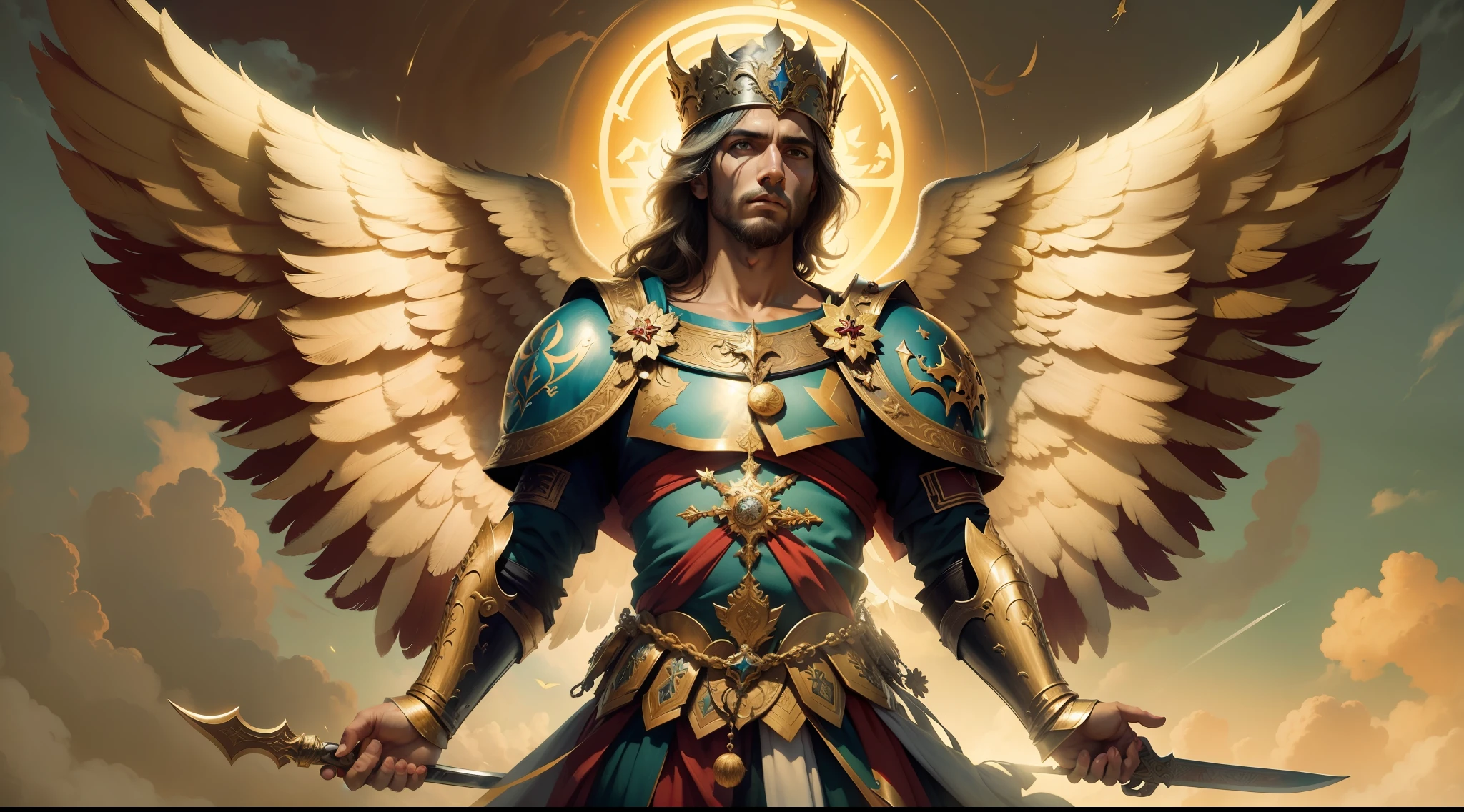 imagem de um homem com uma coroa e asas, Retrato do Imperador da Humanidade, arte fantasia behance, Anjo majestoso de corpo inteiro, arte conceitual de deus, O Deus Imperador da Humanidade, pintura de um homem, com asas de anjo, vestido com armadura, segurando uma espada e escudo, Arcanjo Miguel, saint michael the angel, arcanjo, Miguel Anjo, totalitarian socialist angel, biblical accurate angel, san miguel, cheio de pinturas de anjos, anjo biblicamente acuado, epic biblical representation, arte inspiradora, anjo guerreiro, roupas vermelhas
