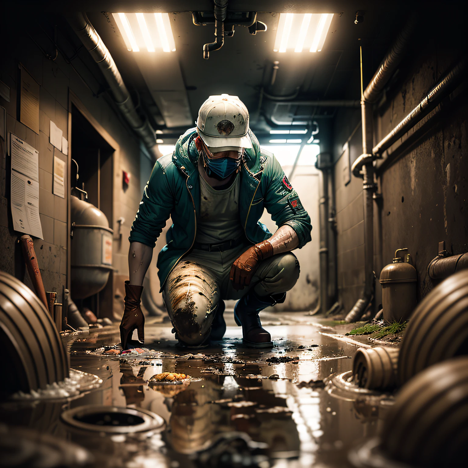 (masterpiece, best quality, beautiful Sewage System Exploration:1.4), solo, full_body, dirty, mud_covered, determined_expression, messy_hair, tied_back_hair, protective_gear, hazmat_suit, rubber_boots, knee_high_boots, hard_hat, dimly_lit, sewage_tunnels, rusty_pipes, filthy_water, brown_tones, damp_weather, humid_climate, low_angle_view, worms_eye_view, flashlight, toolbox, wrench, grime, slime, dripping_water, suspenseful_mood, gritty_tone, cinematic light, (sharp focus:1.6), highly detailed, ultra realistic, 8k