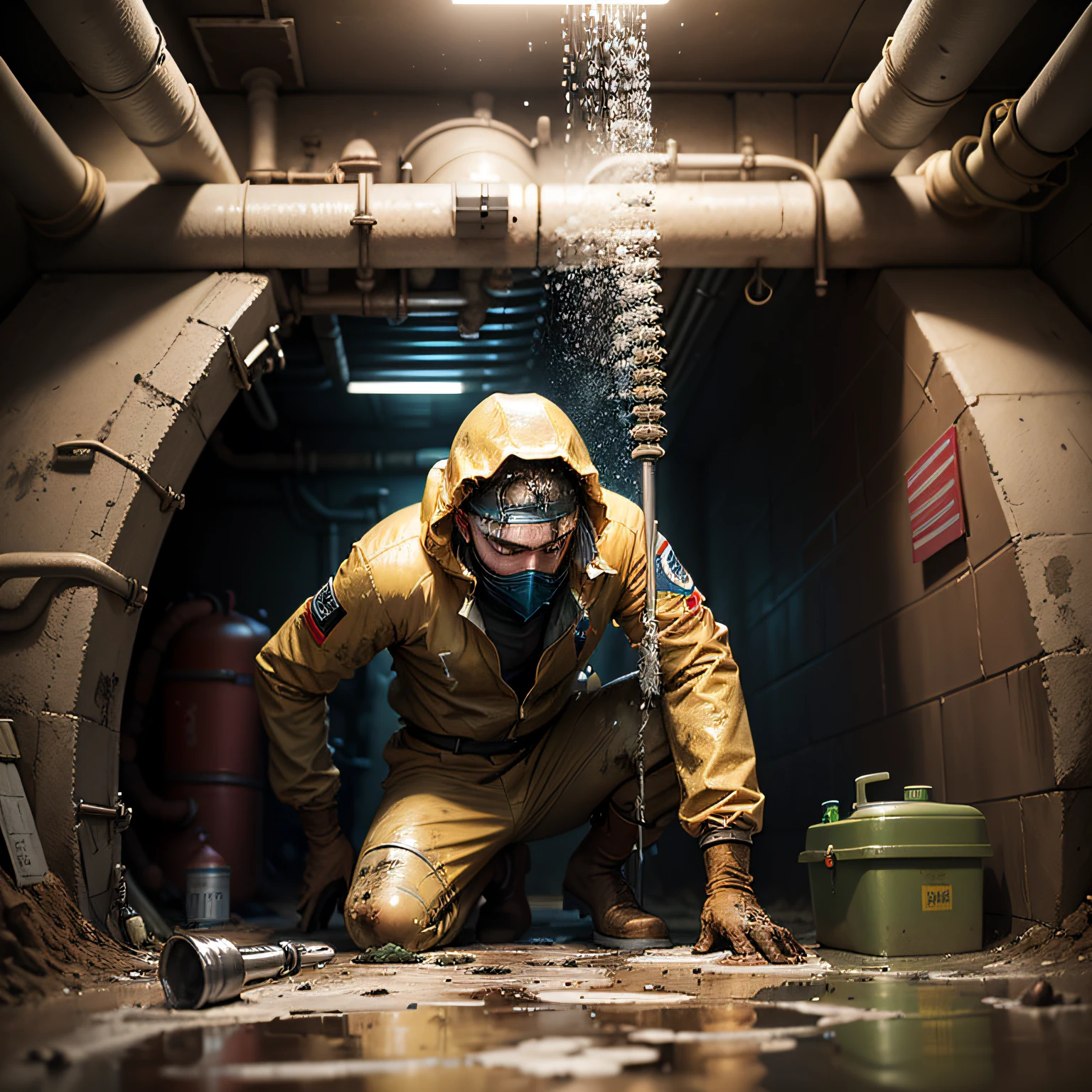 (masterpiece, best quality, beautiful Sewage System Exploration:1.4), solo, full_body, dirty, mud_covered, determined_expression, messy_hair, tied_back_hair, protective_gear, hazmat_suit, rubber_boots, knee_high_boots, hard_hat, dimly_lit, sewage_tunnels, rusty_pipes, filthy_water, brown_tones, damp_weather, humid_climate, low_angle_view, worms_eye_view, flashlight, toolbox, wrench, grime, slime, dripping_water, suspenseful_mood, gritty_tone, cinematic light, (sharp focus:1.6), highly detailed, ultra realistic, 8k