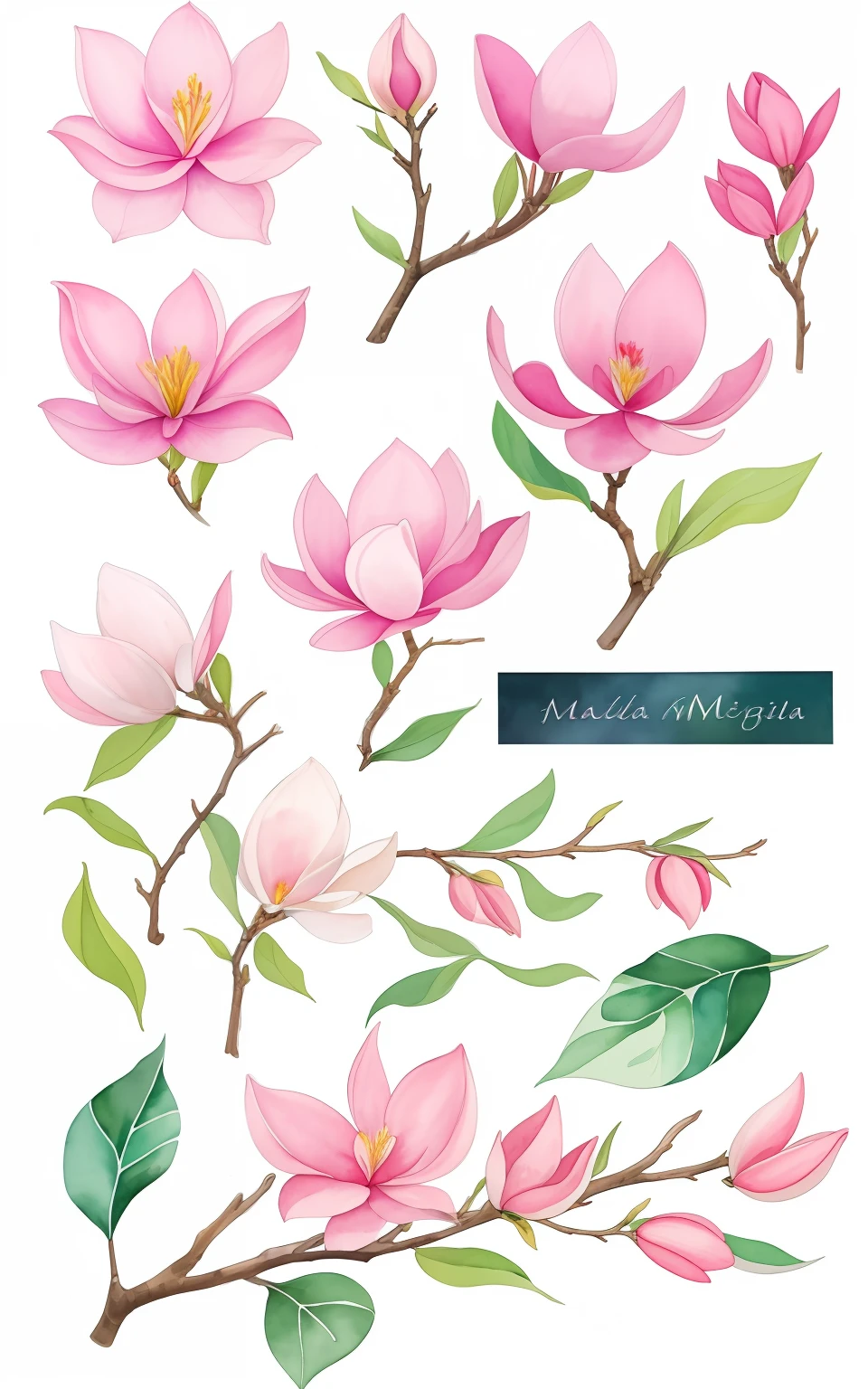 watercolor magnolia flowers and leaves, Magnolias, Magnolia large leaves and stems, leaves and stems of magnolia, magnolia, elementos florais, magnolia stems, botanic watercolors, flor, botanico, Elementos da Natureza, botanical illustration, Flores elegantes, botanicals, botanical art, 🌸 🌼 💮, botanical art, Aquarelas de alta qualidade, Magnolia Goliath Head Ornaments, muitos elementos