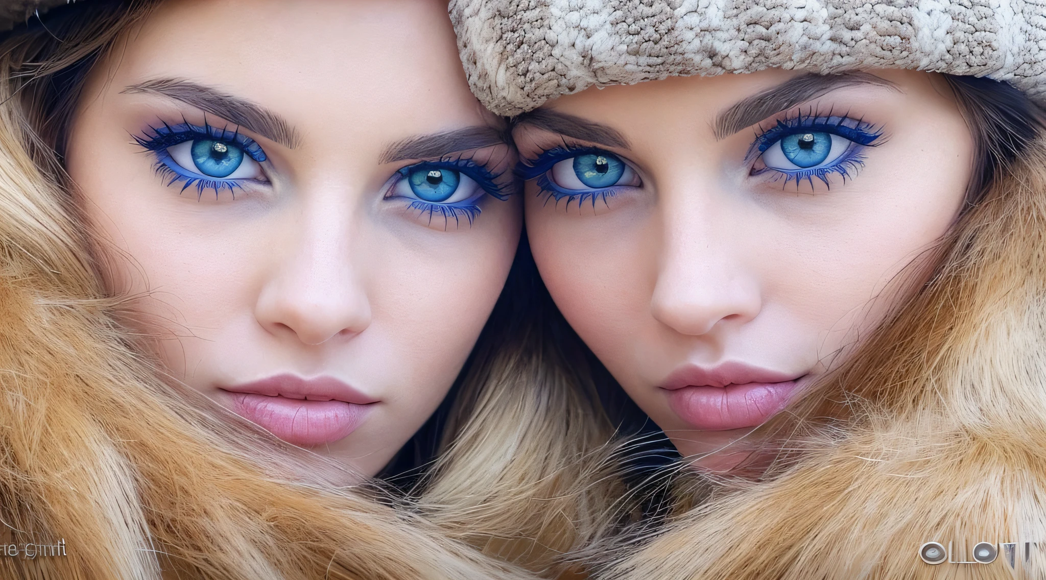 Two young women wearing furry hats and blue eyes in the snow, com pelo azul e olhos azuis, gelo-azul-olhos, menina com orelhas de raposa, olhos azuis de gelo, symmetric azure eyes, beautiful gemini twins portrait, olhos azuis hipnotizantes, symmetric bright eyes, Olhos azuis azuis, beautiful highly symmetric faces, com olhos azuis, olhos azuis e cabelos loiros