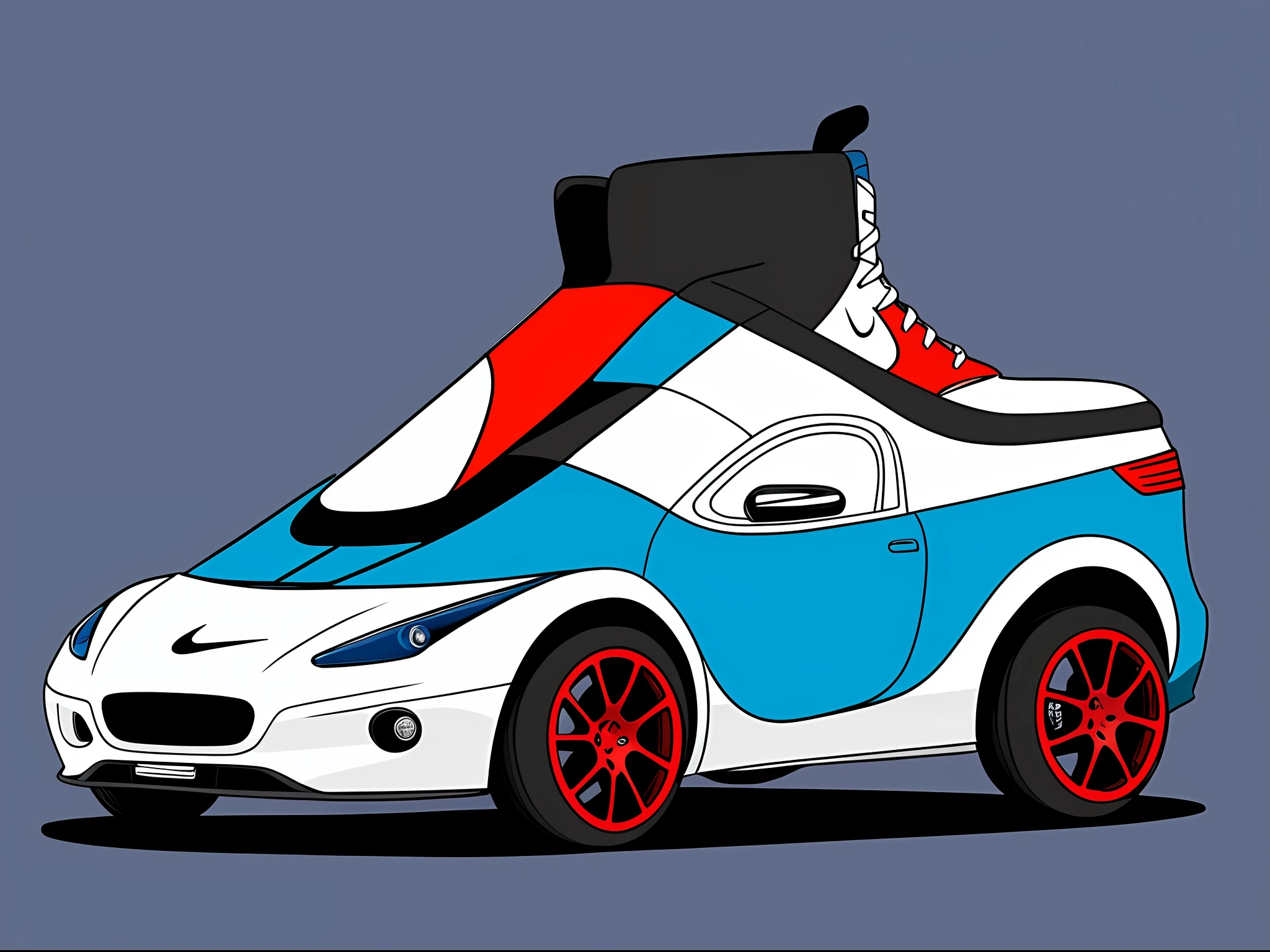 Create an illustration of a car in the shape of a Nike high-top sneaker, commonly known as a "tenis botinha." The design should be creative and playful, combining elements of a classic car with the distinctive look of a Nike shoe.
The car's body will resemble the silhouette of a high-top sneaker, with the front representing the toe cap and the back representing the shoe's heel. The headlights and taillights could be designed to resemble the shoelace eyelets, adding a fun touch to the overall look.
The wheels will be integrated seamlessly into the design, resembling the sole of the shoe. The tires can be styled to resemble the tread pattern of a sneaker sole, further enhancing the sneaker-inspired design.
The car's roof will be shaped like the ankle collar of a high-top shoe, and the side mirrors can take the form of miniature shoe tongues, adding to the whimsical design.
For added authenticity, the car's paint job can feature the iconic Nike swoosh logo and other classic Nike branding elements, giving it an unmistakable sporty look.
The interior of the car can be designed with sporty and comfortable features, akin to the experience of wearing a Nike sneaker.
The final artwork should be detailed, with attention to hyperrealistic elements to bring this imaginative car design to life. The illustration can be created in 8K UHD resolution to showcase the fine details of the unique Nike high-top sneaker car. Viewers will be amazed by the creative blend of automotive and footwear design, turning heads and capturing the essence of a true automobile masterpiece.