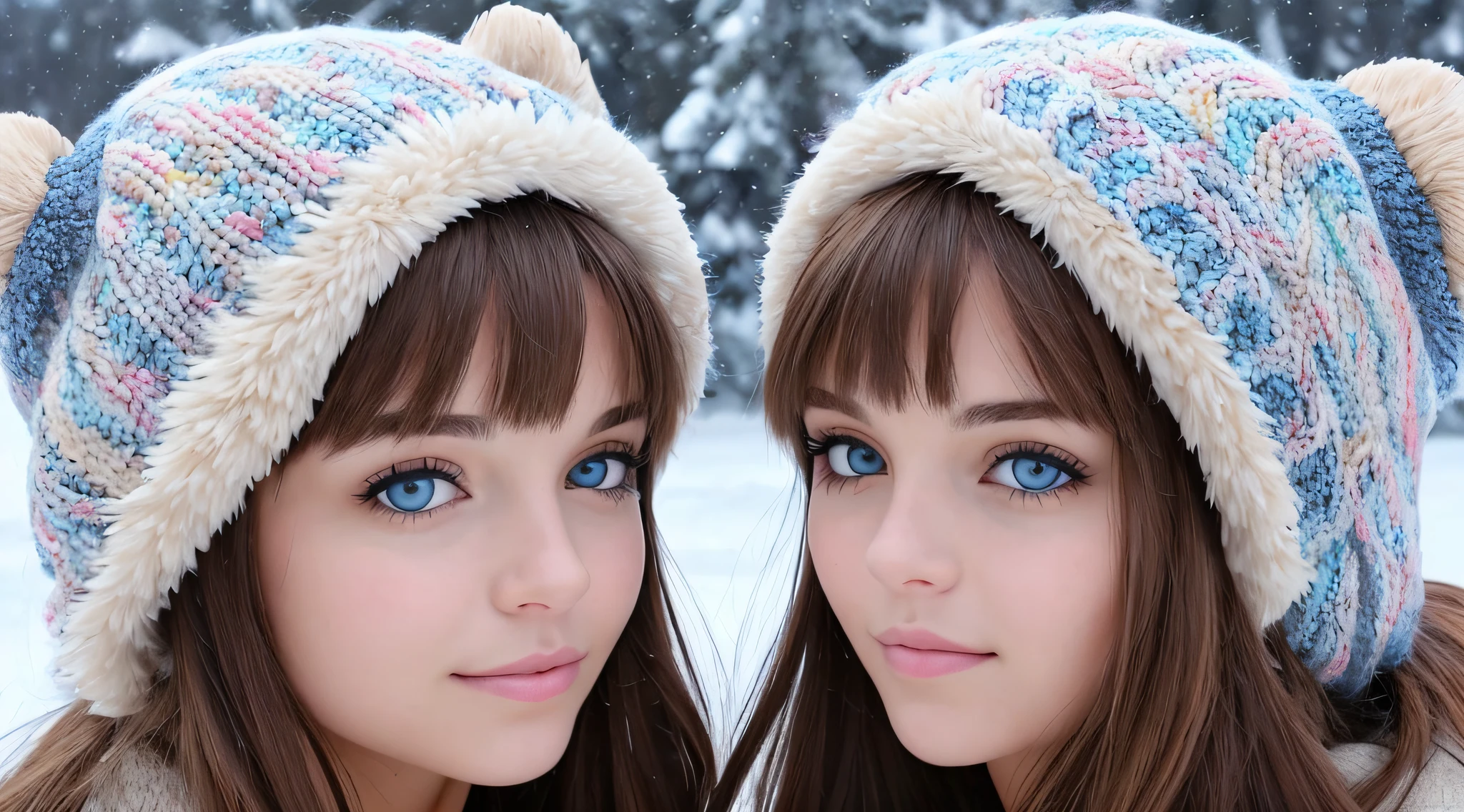 Two young women wearing furry hats and blue eyes in the snow, com pelo azul e olhos azuis, gelo-azul-olhos, menina com orelhas de raposa, olhos azuis de gelo, symmetric azure eyes, beautiful gemini twins portrait, olhos azuis hipnotizantes, symmetric bright eyes, Olhos azuis azuis, beautiful highly symmetric faces, com olhos azuis, olhos azuis e cabelos loiros