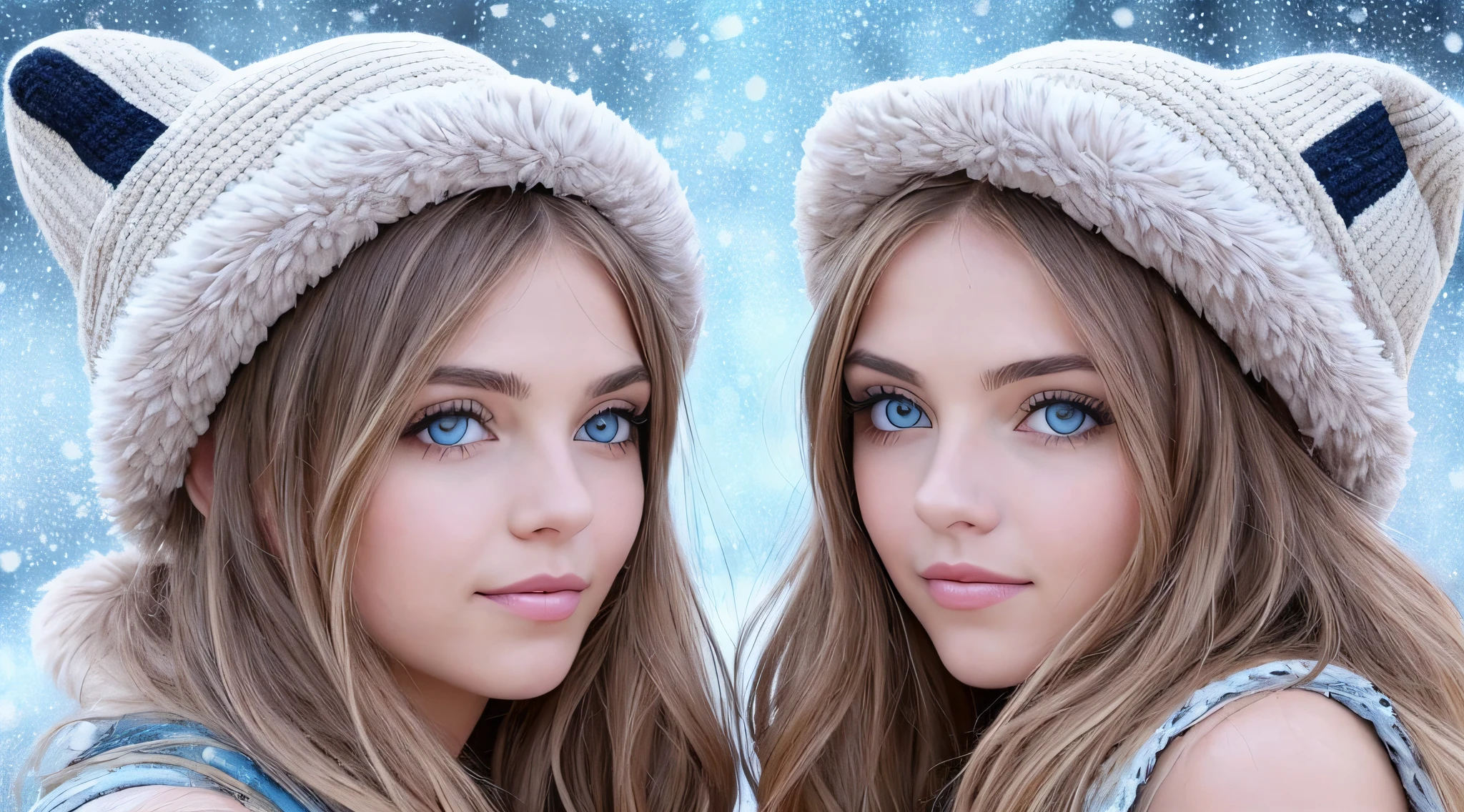 Two young women wearing furry hats and blue eyes in the snow, com pelo azul e olhos azuis, gelo-azul-olhos, com orelhas de raposa, olhos azuis de gelo, symmetric azure eyes, beautiful gemini twins portrait, olhos azuis hipnotizantes, symmetric bright eyes, Olhos azuis azuis, beautiful highly symmetric faces, com olhos azuis, olhos azuis e cabelos loiros