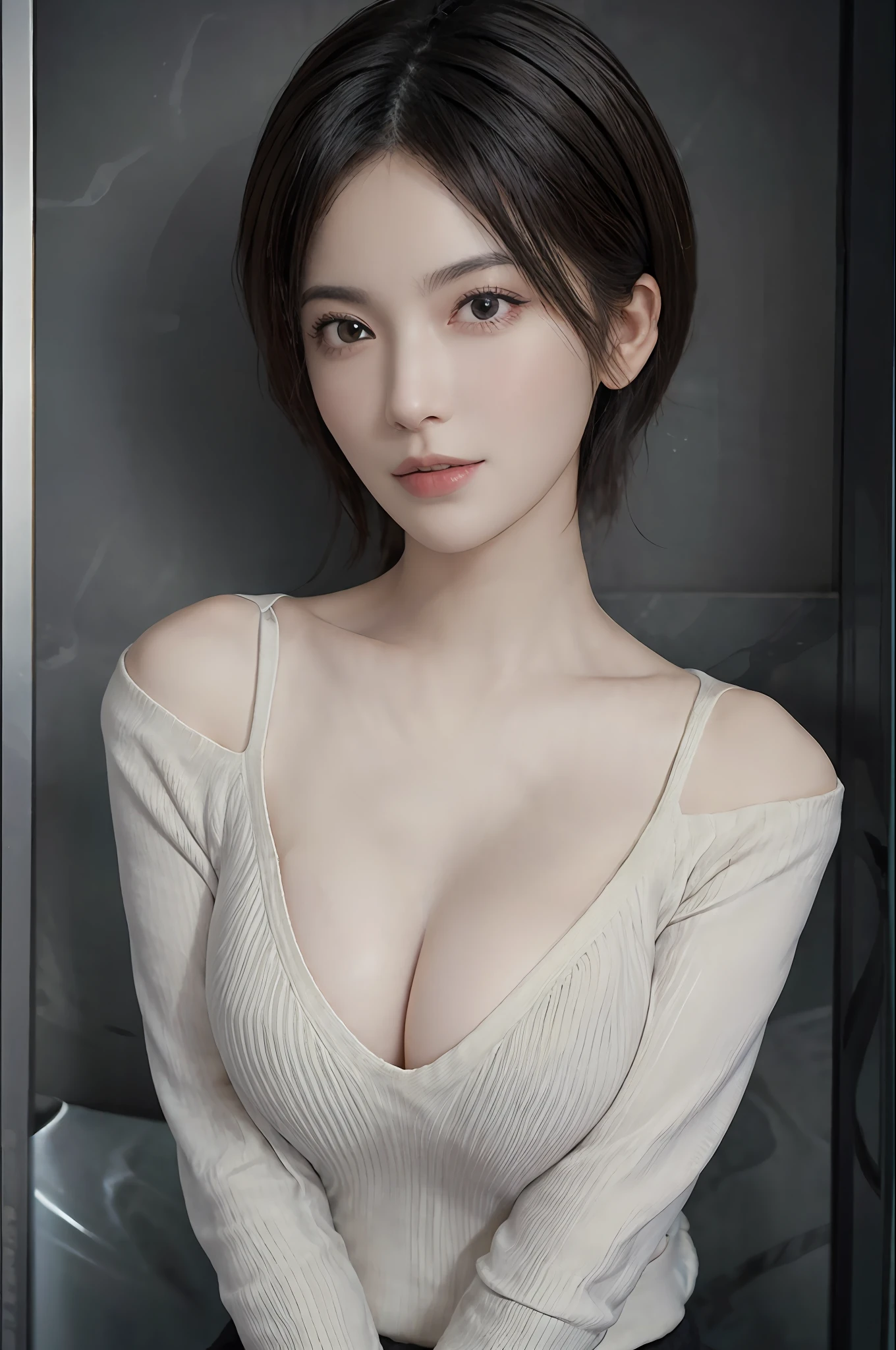 (Masterpiece: 1.3), (8k, Photorealistic, RAW Photo, Best Quality: 1.4), (1girl), Beautiful Face, (Realistic Face), (Black Hair, Short Hair: 1.3), Beautiful Hairstyle, Realistic Eyes, Beautiful Detail Eyes, (Realistic Skin), Beautiful Skin, (Sweater), Absurd, Attractive, Ultra High Definition, Ultra Realistic, High Definition, Golden Ratio, Cleavage