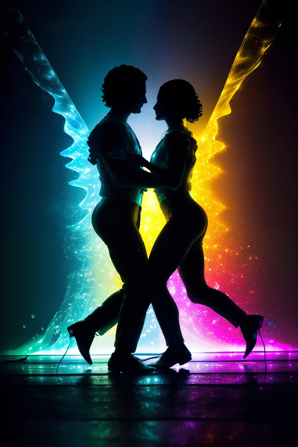 (((2 watery human silhouettes, dancing together on a street , at night, multicolored led light, Alberto Seveso art, motion, ))), ((street dance, animated dance choreography)), (closeup view ) from a  height of 3 meters extremely detailed foreground, bright colours, 8k, ultra high definition, non blurred, textures, 3d, cinematic landscape