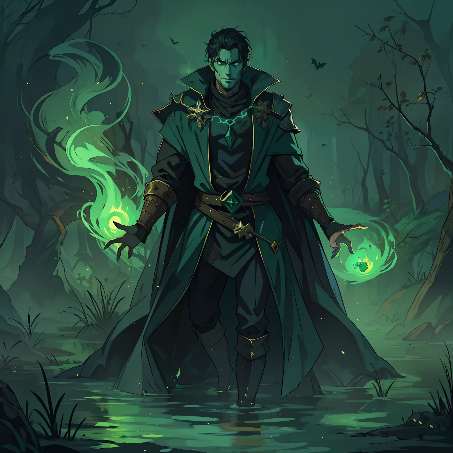 A beautiful human and handsome man A villain for RPG A poisonous and venomous villain He is in a swamp with many magical gases and black magic A dark forest This man is handsome and has eyes like a reptile's He is from a cold-blooded tribe A dark and gloomy place illustrating the image and a dark and cold look this man is handsome, but an image that represents his poisonous essence with a few traces of green in his costume on this character to illustrate An art for RPG A character for RPG A villain RPG RPG Medieval RPG Art RPG fantasy RPG an illustration for RPG A digital art with cinematic lights and green smoke