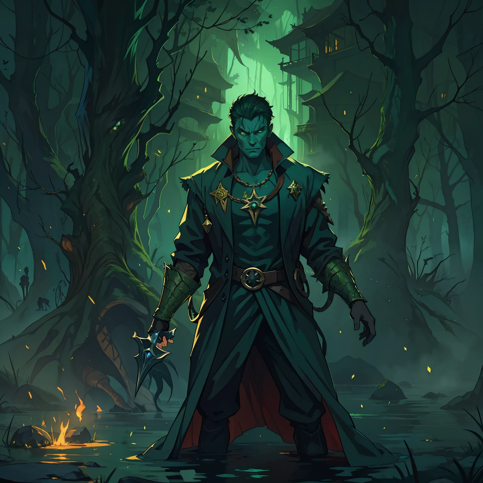 A beautiful human and handsome man A villain for RPG A poisonous and venomous villain He is in a swamp with many magical gases and black magic A dark forest This man is handsome and has eyes like a reptile's He is from a cold-blooded tribe A dark and gloomy place illustrating the image and a dark and cold look this man is handsome, but an image that represents his poisonous essence with a few traces of green in his costume on this character to illustrate An art for RPG A character for RPG A villain RPG RPG Medieval RPG Art RPG fantasy RPG an illustration for RPG A digital art with cinematic lights and green smoke