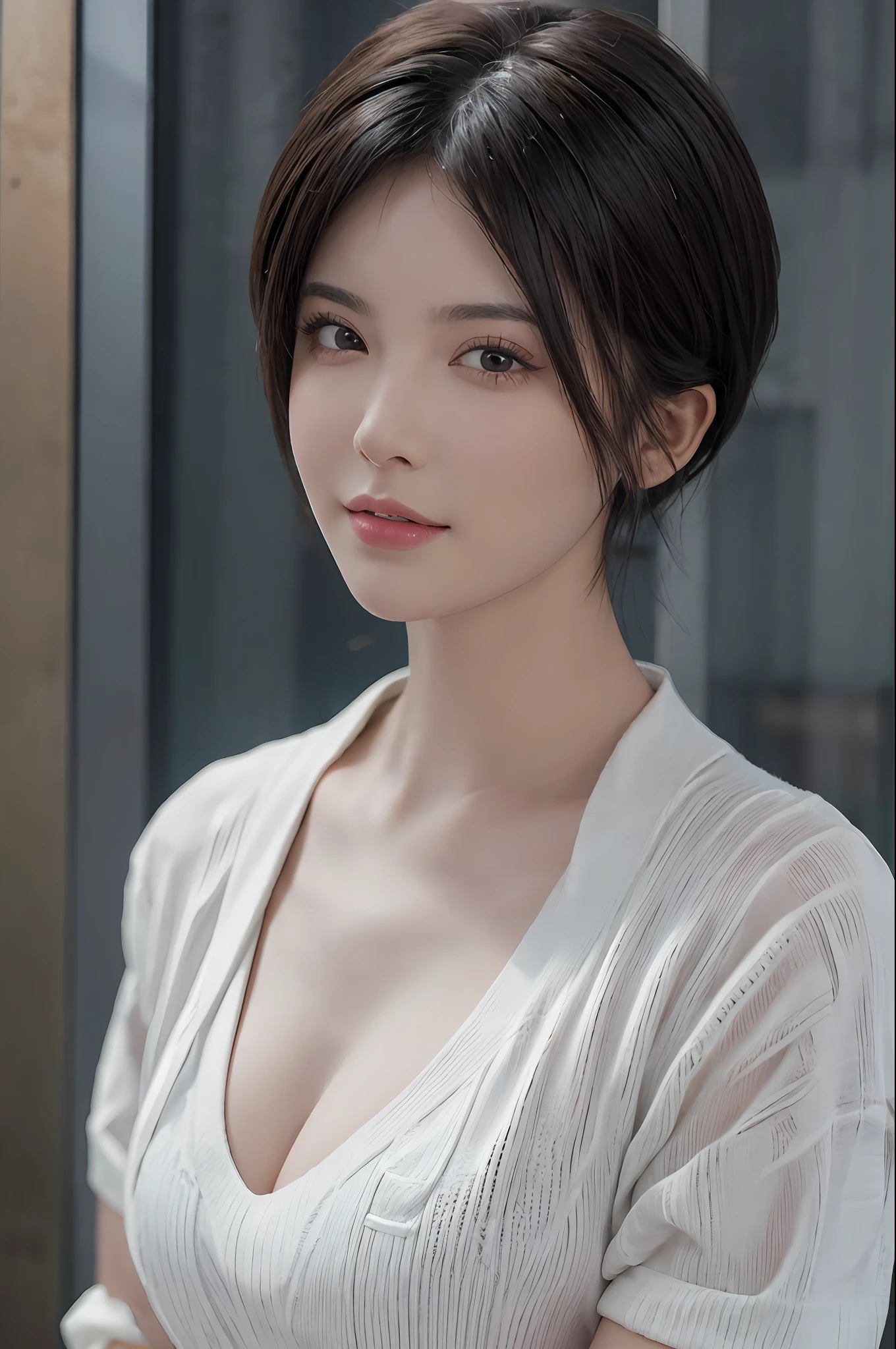 (Masterpiece: 1.3), (8k, Photorealistic, RAW Photo, Best Quality: 1.4), (1girl), Beautiful Face, (Realistic Face), (Black Hair, Short Hair: 1.3), Beautiful Hairstyle, Realistic Eyes, Beautiful Detail Eyes, (Realistic Skin), Beautiful Skin, (Sweater), Absurd, Attractive, Ultra High Definition, Ultra Realistic, High Definition, Golden Ratio, Cleavage