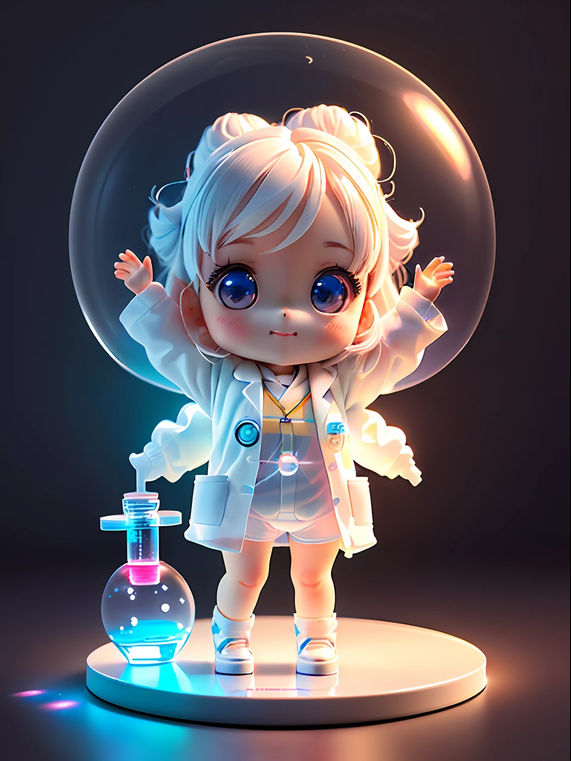 Super cute girl full body 3d drawing, 1 pc, good looking eyes, big eyes, cute, happy, c4d, pop matt blind box, glowing bubble, toy, solid color background, chibi, fluorescent translucency, luminescence, kawaii, doll, ((((scientist, white lab coat))), reference table, pop mart blind box, pixar, complex details, 3d rendering, blender, oc renderer, fol body reference sheet, dribble , High Details, 8K, Studio Lighting, Loli, Petite, , Chibi, SD characters: 1.1, Magic Lab background