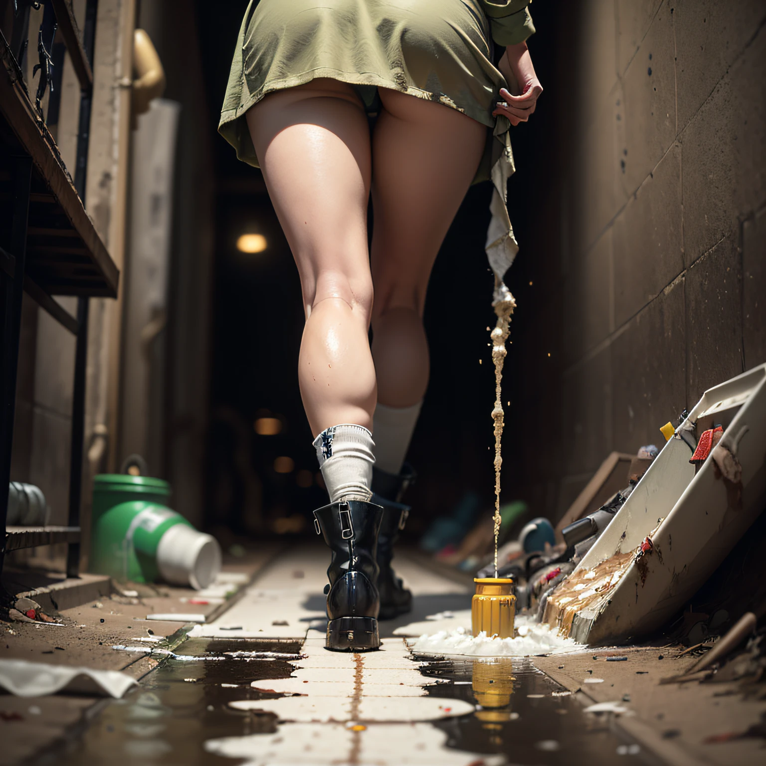 (masterpiece, best quality, beautiful Sewage System Exploration:1.4), solo, (legs view only:1.6), dirty, mud_covered, determined_expression, messy_hair, tied_back_hair, protective_gear, hazmat_suit, rubber_boots, knee_high_boots, hard_hat, dimly_lit, sewage_tunnels, rusty_pipes, filthy_water, brown_tones, damp_weather, humid_climate, low_angle_view, worms_eye_view, flashlight, toolbox, wrench, grime, slime, dripping_water, suspenseful_mood, gritty_tone, cinematic light, (sharp focus:1.6), highly detailed, ultra realistic, 8k