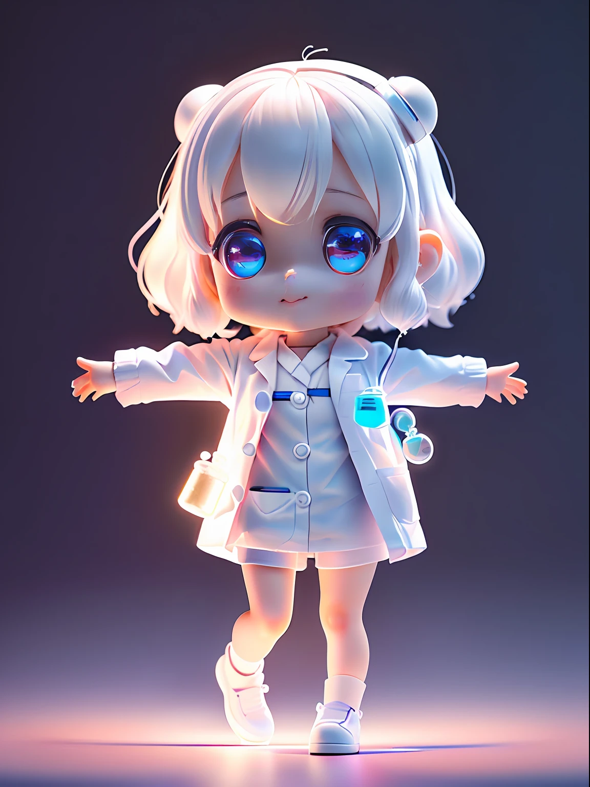 Super cute girl full body 3d drawing, 1 pc, good looking eyes, big eyes, cute, happy, c4d, pop matt blind box, glowing bubble, toy, solid color background, chibi, fluorescent translucency, luminescence, kawaii, doll, ((((scientist, white lab coat))), reference table, pop mart blind box, pixar, complex details, 3d rendering, blender, oc renderer, fol body reference sheet, dribble , High Details, 8K, Studio Lighting, Loli, Petite, , Chibi, SD characters: 1.1, Magic Lab background