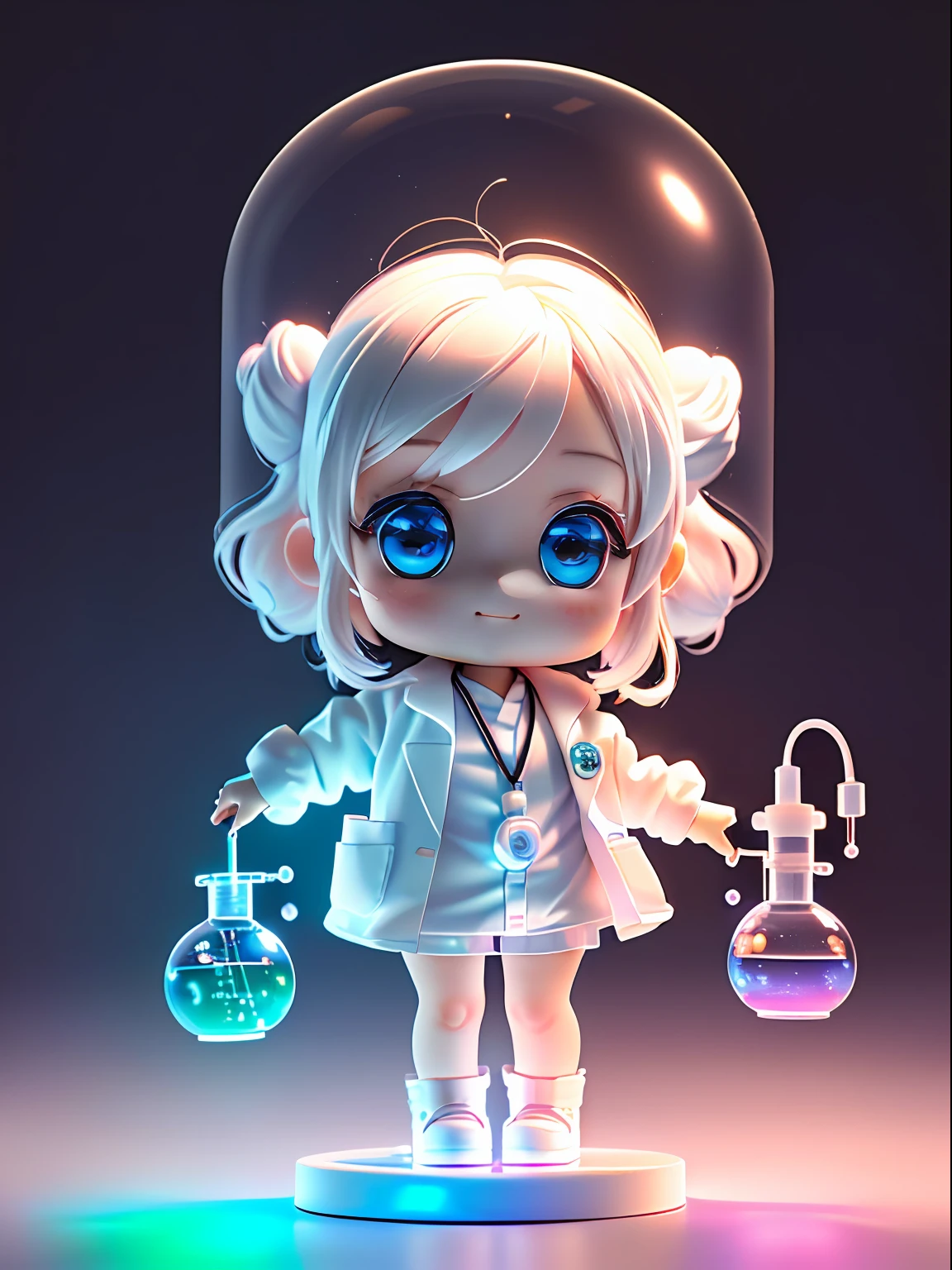 Super cute girl full body 3d drawing, 1 pc, good looking eyes, big eyes, cute, happy, c4d, pop matt blind box, glowing bubble, toy, solid color background, chibi, fluorescent translucency, luminescence, kawaii, doll, ((((scientist, white lab coat))), reference table, pop mart blind box, pixar, complex details, 3d rendering, blender, oc renderer, fol body reference sheet, dribble , High Details, 8K, Studio Lighting, Loli, Petite, , Chibi, SD characters: 1.1, Magic Lab background