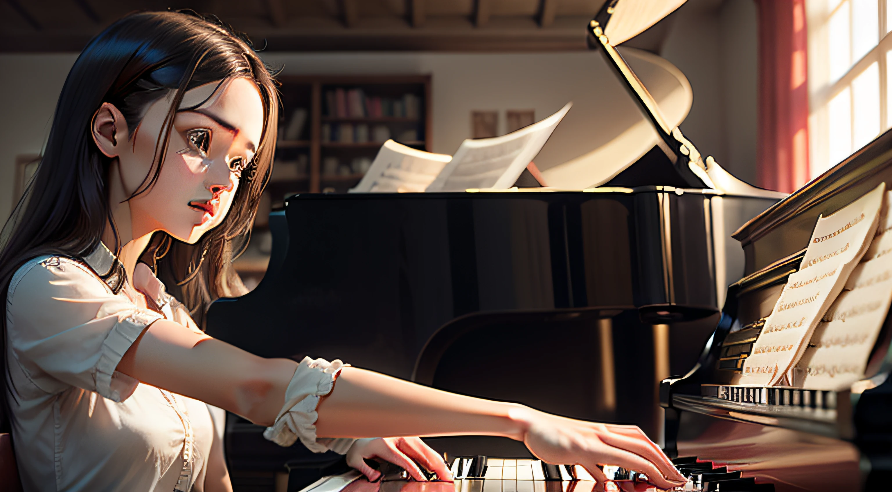 Create an image of a young woman with a disability in her hands playing the piano at a school of musicians