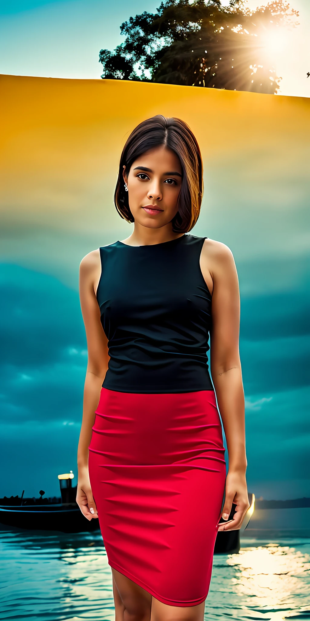 There's a woman in a black dress in a parking lot, vestido preto : : symmetrical face, she is wearing a black tank top, usando um vestido preto, usando vestido preto, she is wearing a black dress, usando um vestido preto apertado, full body photgraph, imagem central, usando uma regata cropped preta, foto de retrato de corpo inteiro, fundo noite