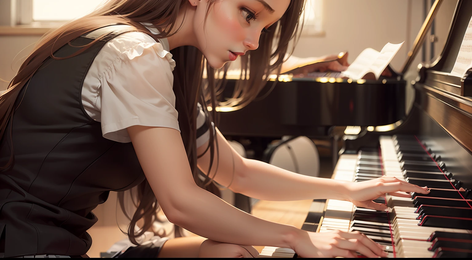 Create an image of a young woman with a disability in her hands playing the piano at a school of musicians