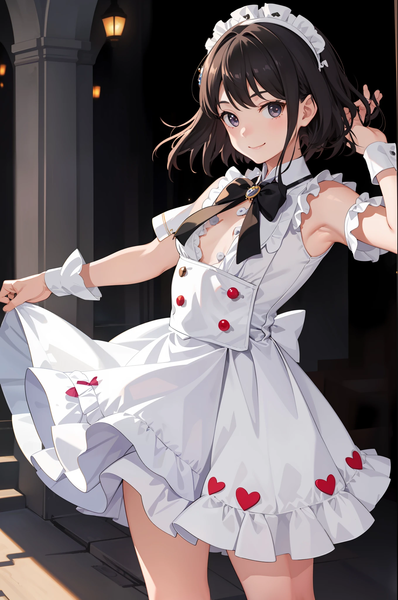 1girl in、A smile、A delightful、skirt by the、(small tits)Chilarism、doress、pinafore,,,,,,、Maids,,,,,,,,、hair adornments、movement、