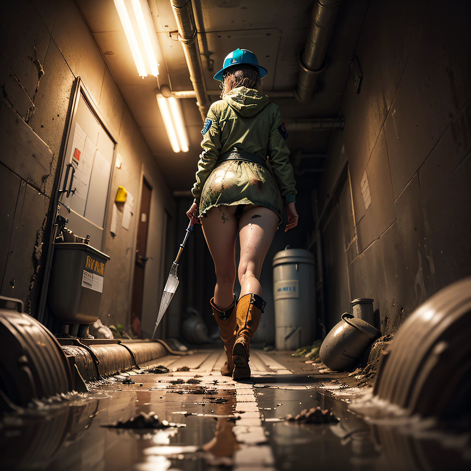 (masterpiece, best quality, beautiful Sewage System Exploration:1.4), solo, (legs view only:1.6), dirty, mud_covered, determined_expression, messy_hair, tied_back_hair, protective_gear, hazmat_suit, rubber_boots, knee_high_boots, hard_hat, dimly_lit, sewage_tunnels, rusty_pipes, filthy_water, brown_tones, damp_weather, humid_climate, low_angle_view, worms_eye_view, flashlight, toolbox, wrench, grime, slime, dripping_water, suspenseful_mood, gritty_tone, cinematic light, (sharp focus:1.6), highly detailed, ultra realistic, 8k