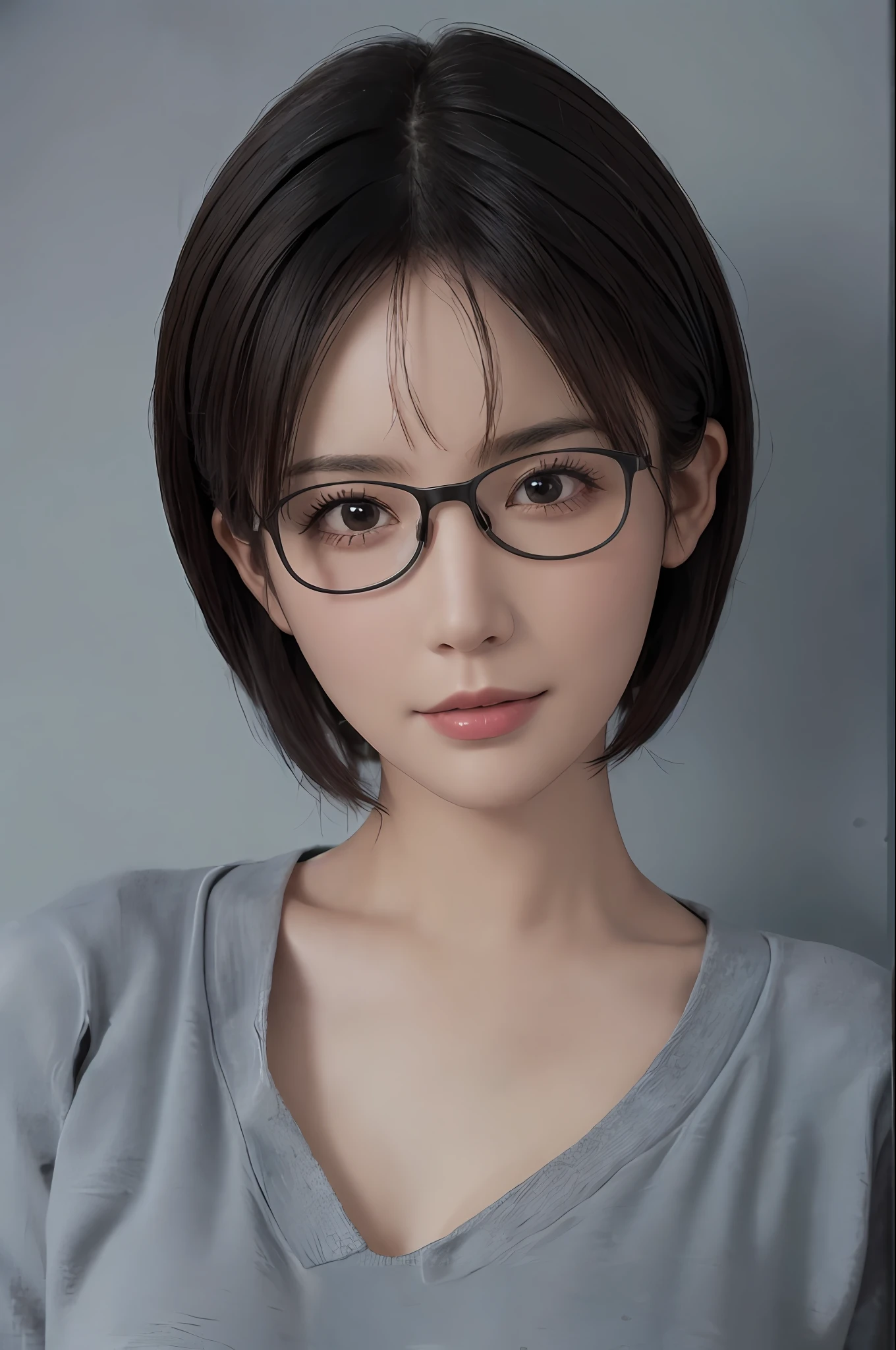 (Masterpiece: 1.3), (8k, Photorealistic, RAW Photo, Best Quality: 1.4), (1girl), Beautiful Face, (Realistic Face), (Black Hair, Short Hair: 1.3), Beautiful Hairstyle, Realistic Eyes, Beautiful Detail Eyes, Realistic Skin, Beautiful Skin, Sweater, Absurd, Attractive, Ultra High Definition, Ultra Realistic, High Definition, Golden Ratio, Cleavage, Glasses