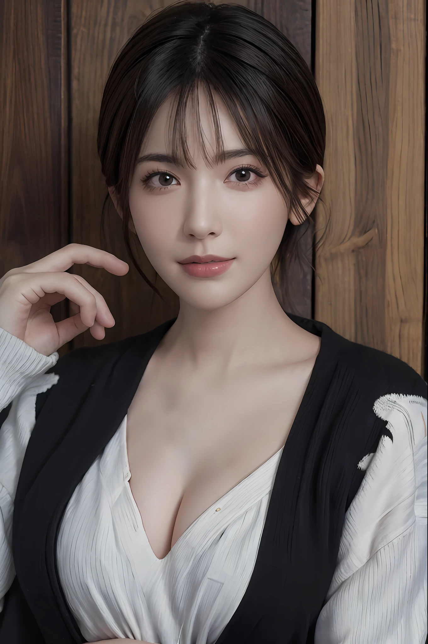 (Masterpiece: 1.3), (8k, Photorealistic, RAW Photo, Best Quality: 1.4), (1girl), Beautiful Face, (Realistic Face), (Black Hair, Short Hair: 1.3), Beautiful Hairstyle, Realistic Eyes, Beautiful Detail Eyes, Realistic Skin, Beautiful Skin, Sweater, Absurd, Attractive, Ultra High Resolution, Ultra Realistic, High Definition, Golden Ratio, Cleavage