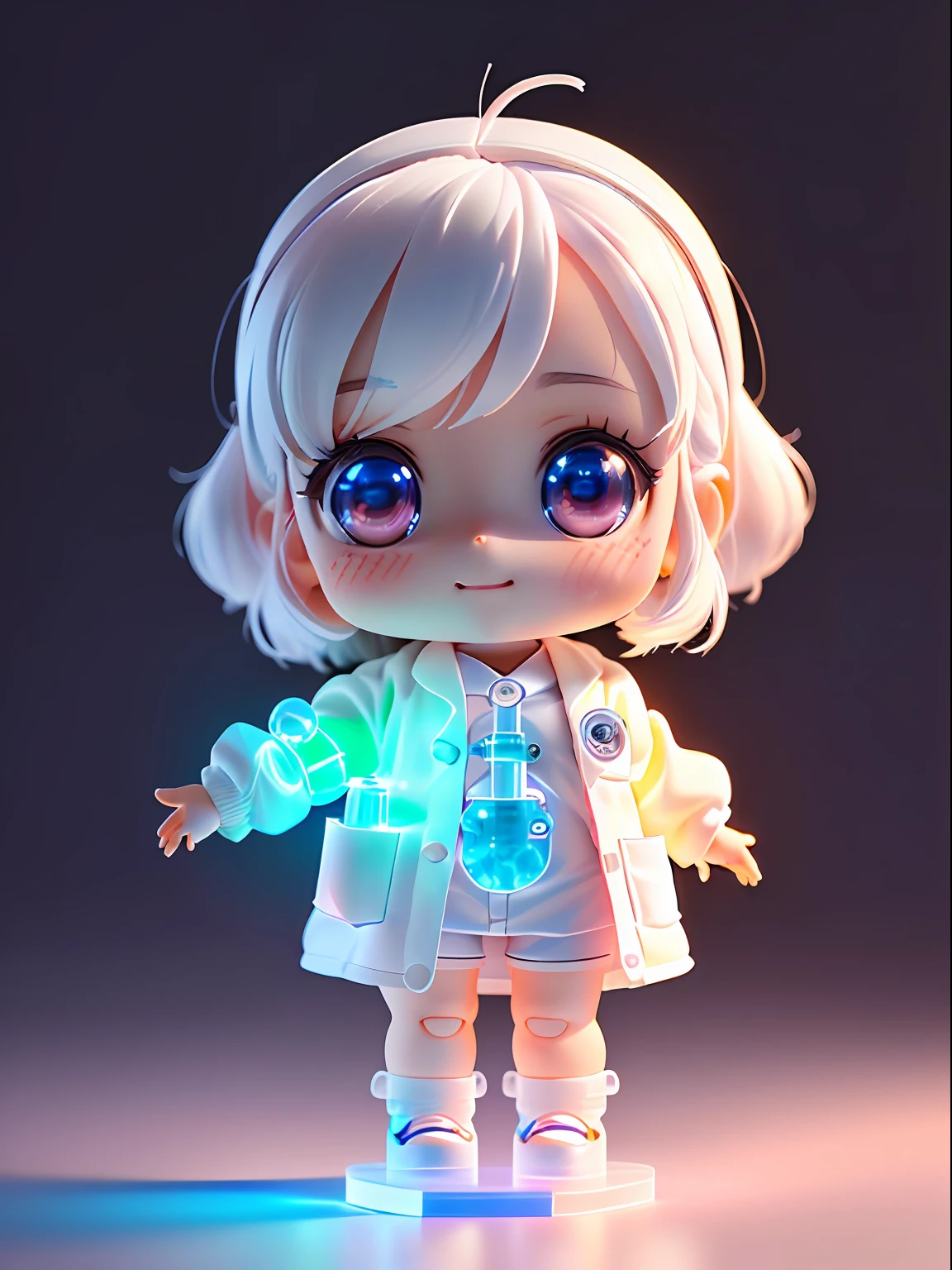 Super cute girl full body 3d drawing, 1 pc, good looking eyes, big eyes, cute, happy, c4d, pop matt blind box, glowing bubble, toy, solid color background, chibi, fluorescent translucency, luminescence, kawaii, doll, ((((scientist, white lab coat))), reference table, pop mart blind box, pixar, complex details, 3d rendering, blender, oc renderer, fol body reference sheet, dribble , High Details, 8K, Studio Lighting, Loli, Petite, , Chibi, SD characters: 1.1, Magic Lab background