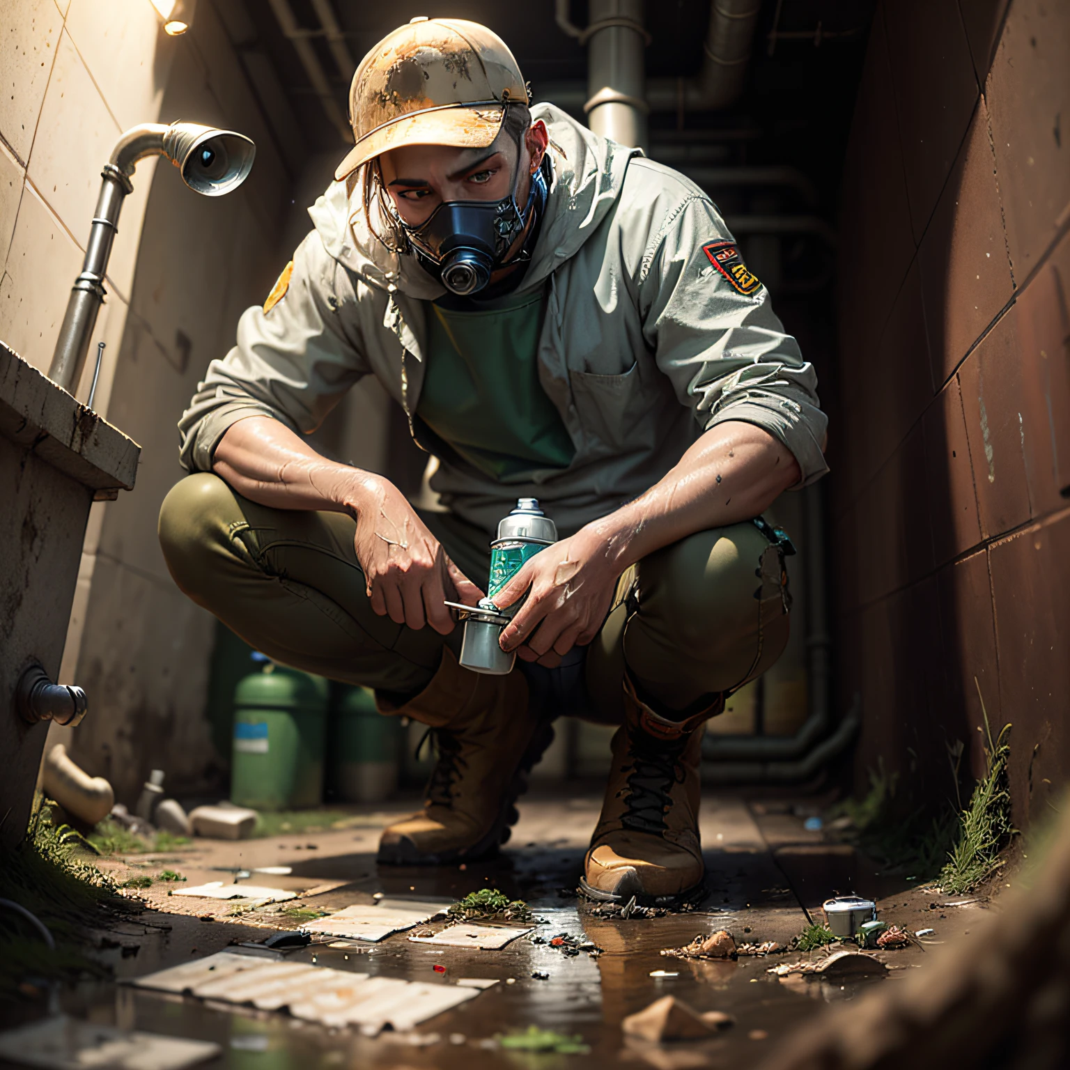(masterpiece, best quality, beautiful Sewage System Exploration:1.4), solo, legs only, dirty, mud_covered, determined_expression, messy_hair, tied_back_hair, protective_gear, hazmat_suit, rubber_boots, knee_high_boots, hard_hat, dimly_lit, sewage_tunnels, rusty_pipes, filthy_water, brown_tones, damp_weather, humid_climate, low_angle_view, worms_eye_view, flashlight, toolbox, wrench, grime, slime, dripping_water, suspenseful_mood, gritty_tone, cinematic light, (sharp focus:1.6), highly detailed, ultra realistic, 8k